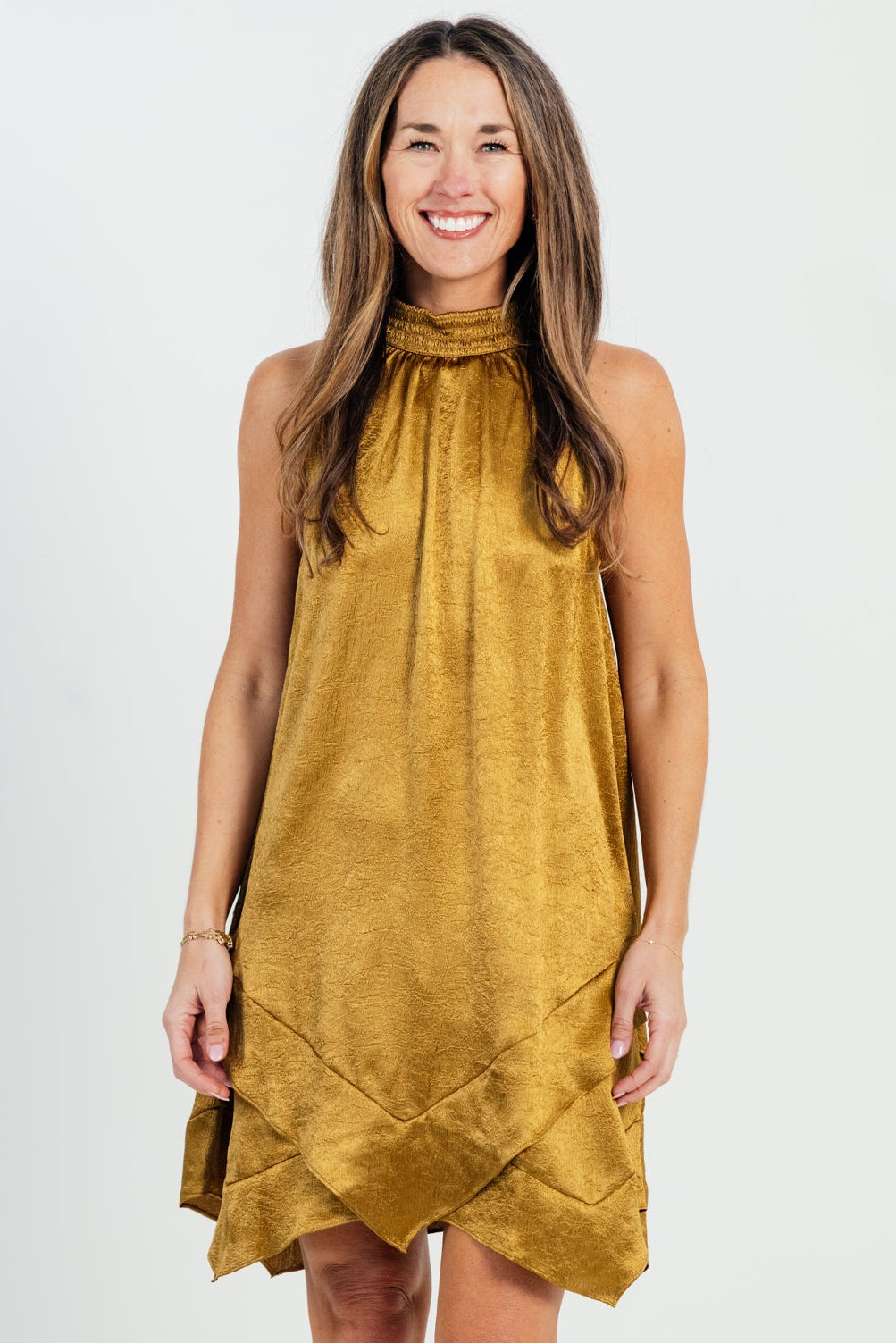 The Adriana Smocked Neck Asymmetric Mini Dress