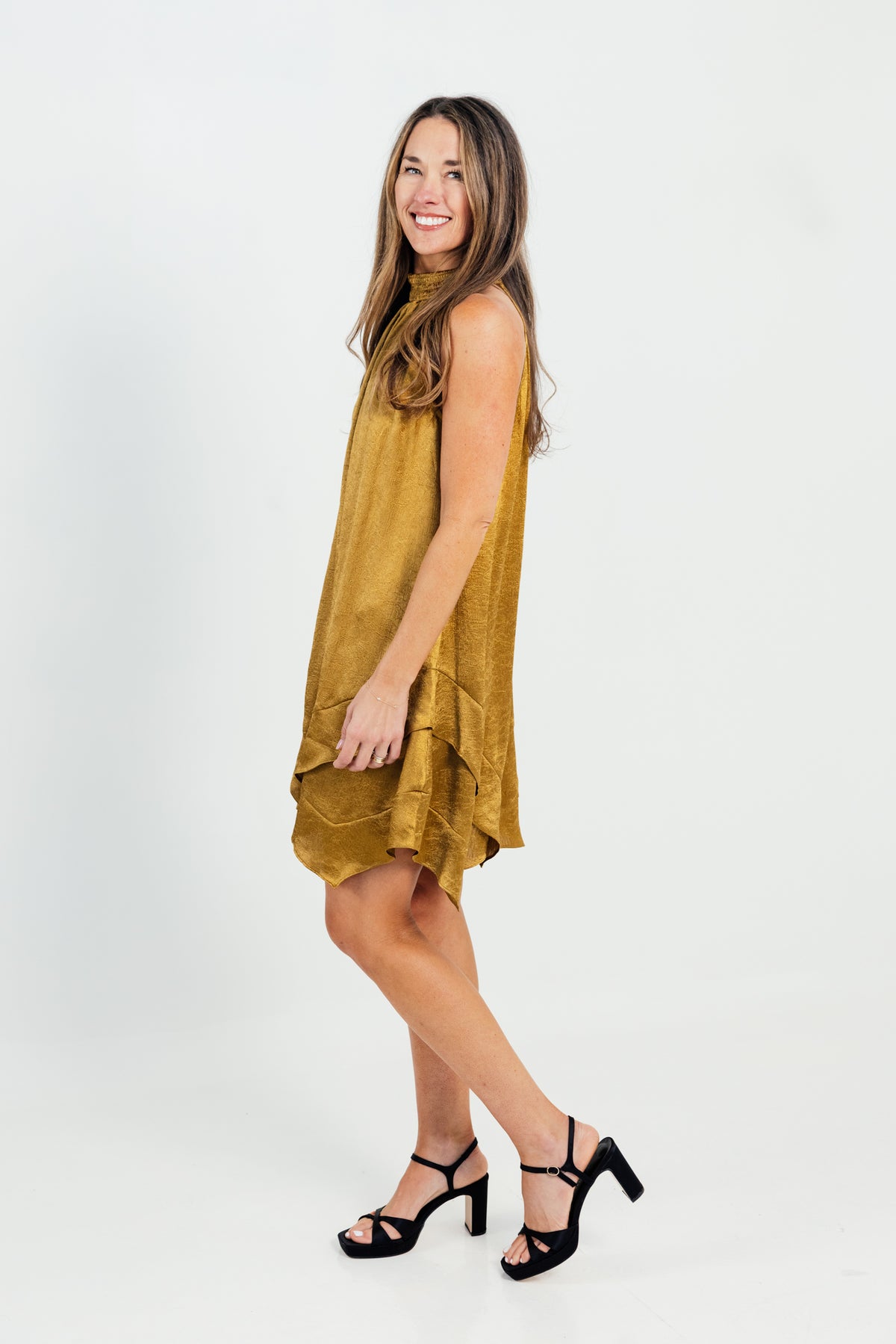 The Adriana Smocked Neck Asymmetric Mini Dress