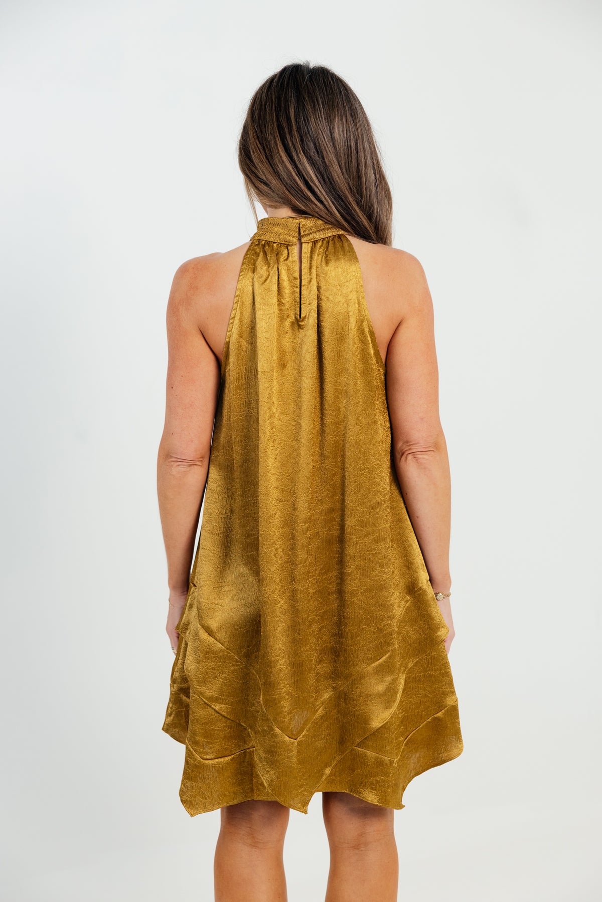 The Adriana Smocked Neck Asymmetric Mini Dress