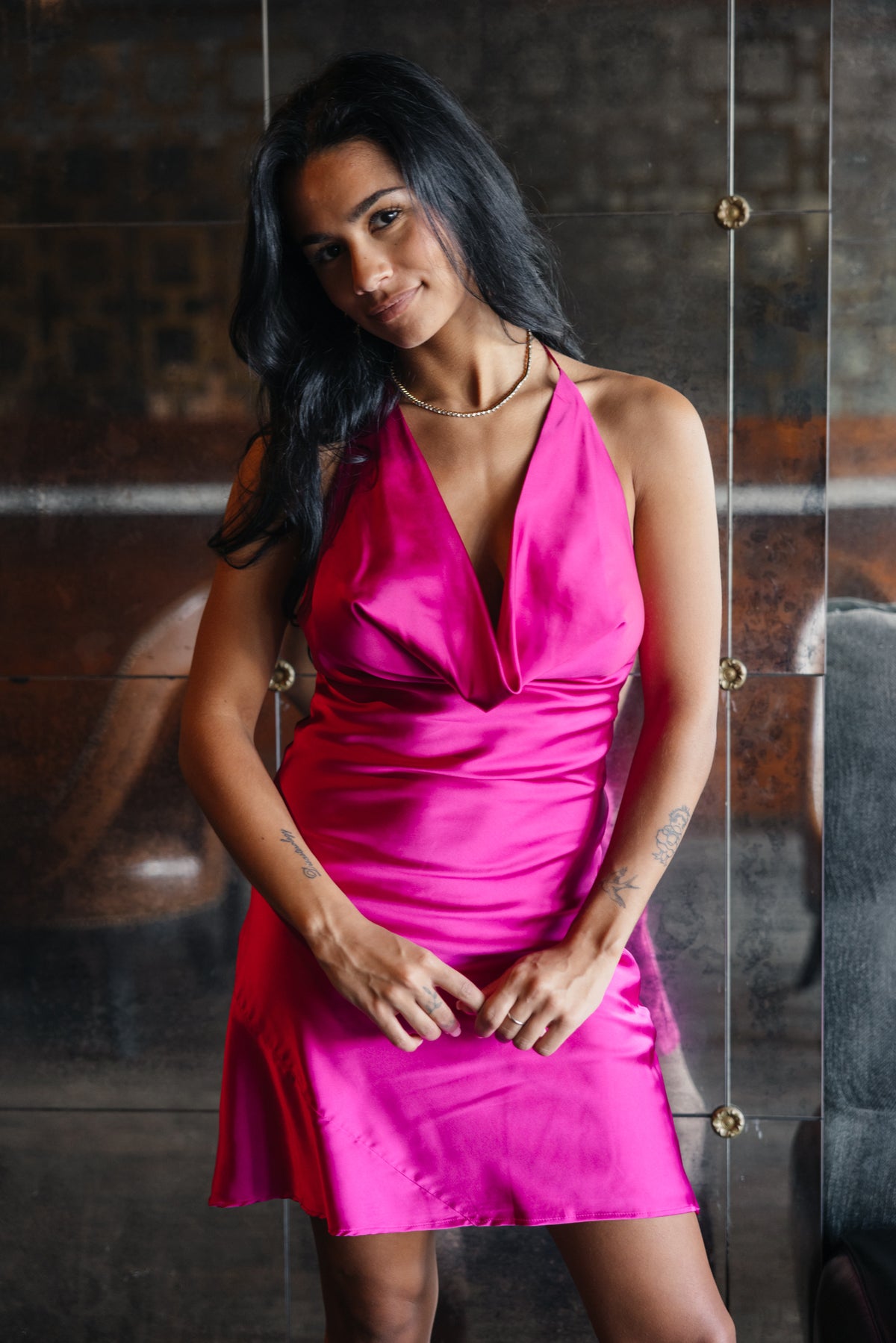 The Night Out Satin Cowl Neck Mini Dress