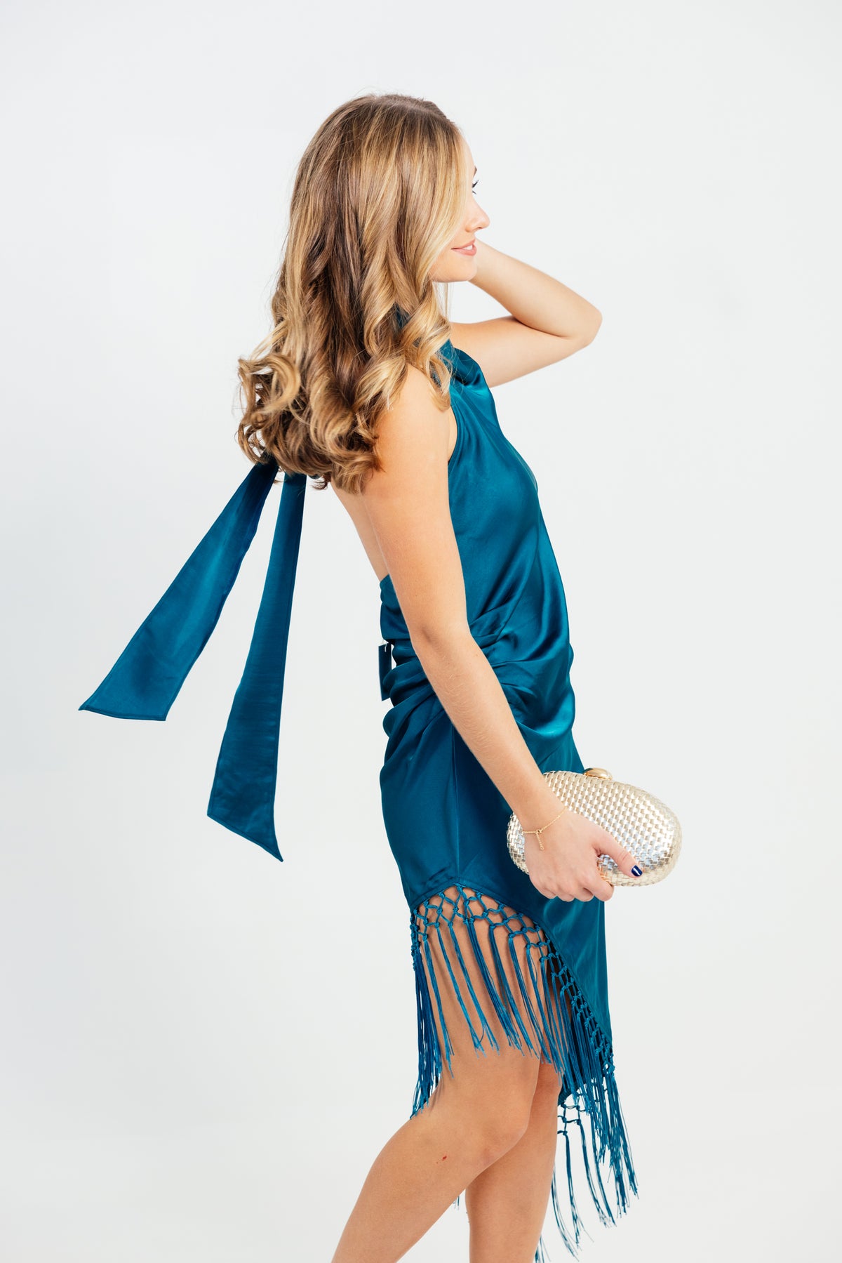 The Holly Cowl Neck Satin Asymmetrical Fringe Halter Dress