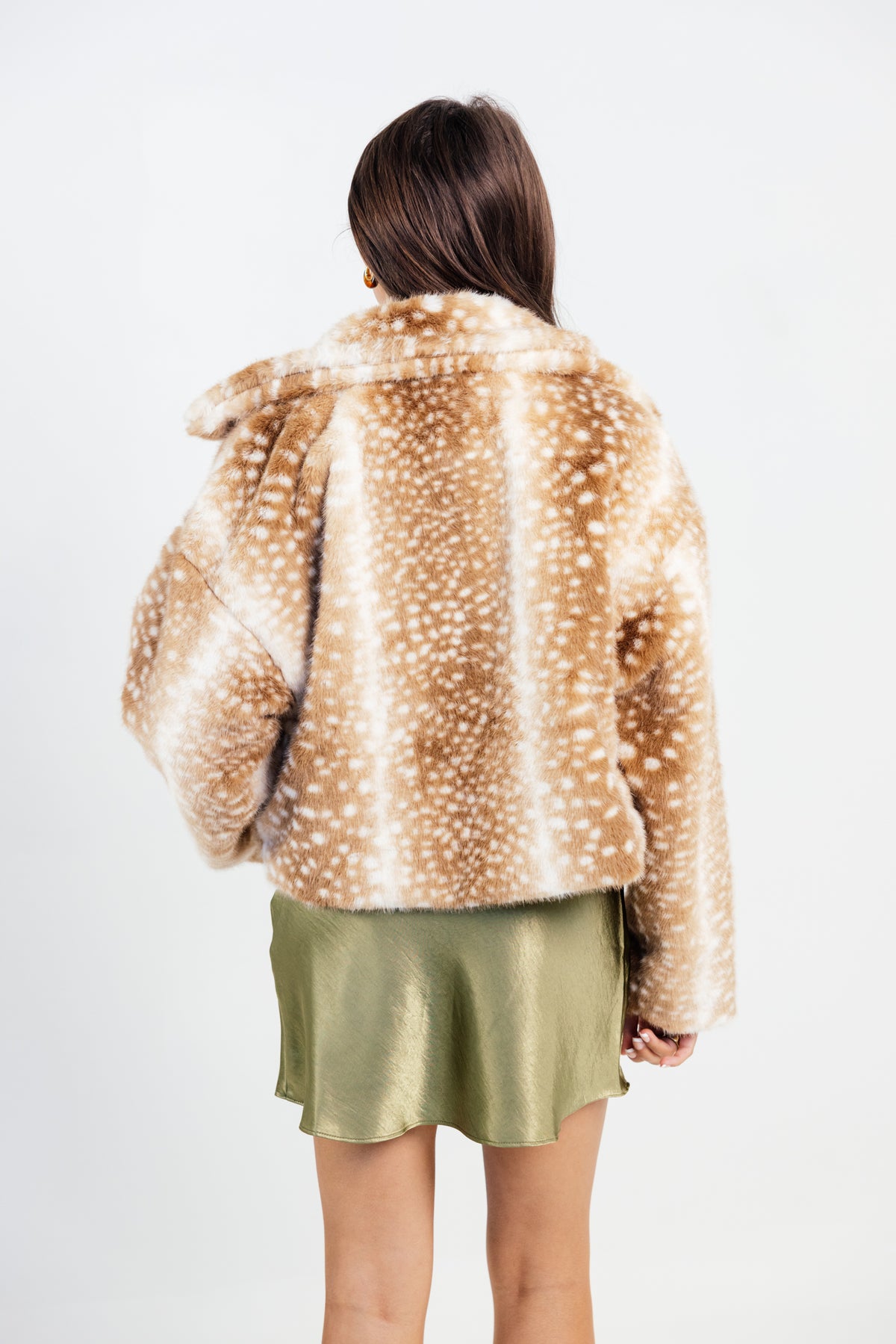 The Dawn Deer Print Faux Fur Cropped Jacket