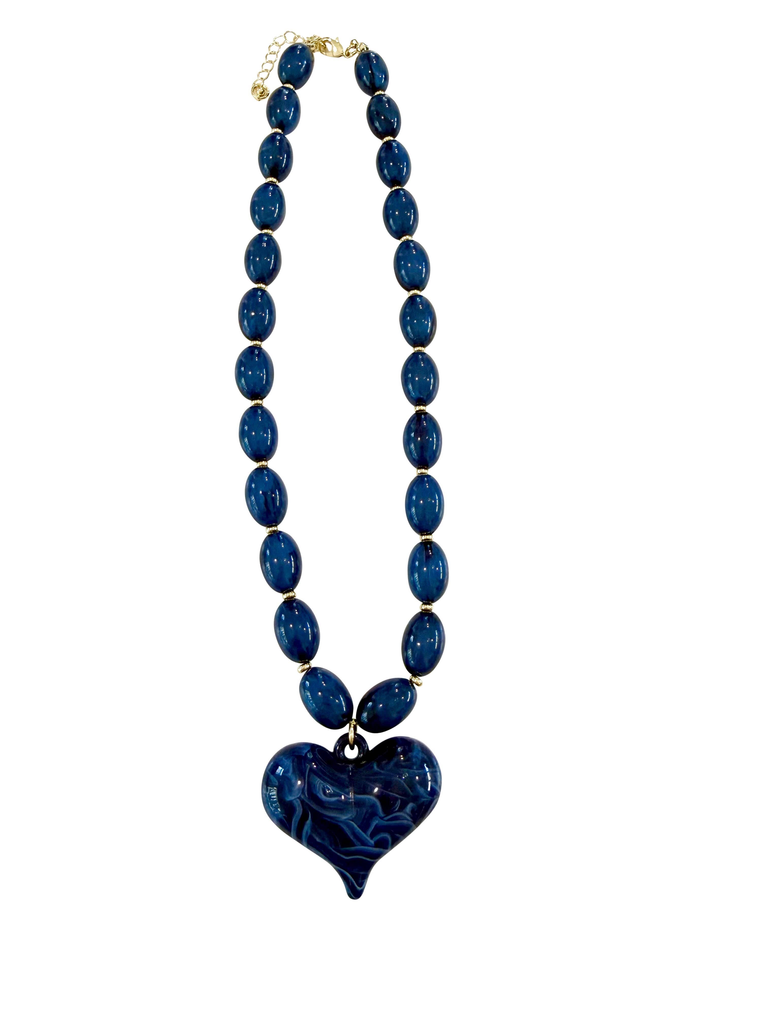 The Roxie Navy Beaded Necklace with Heart Charm