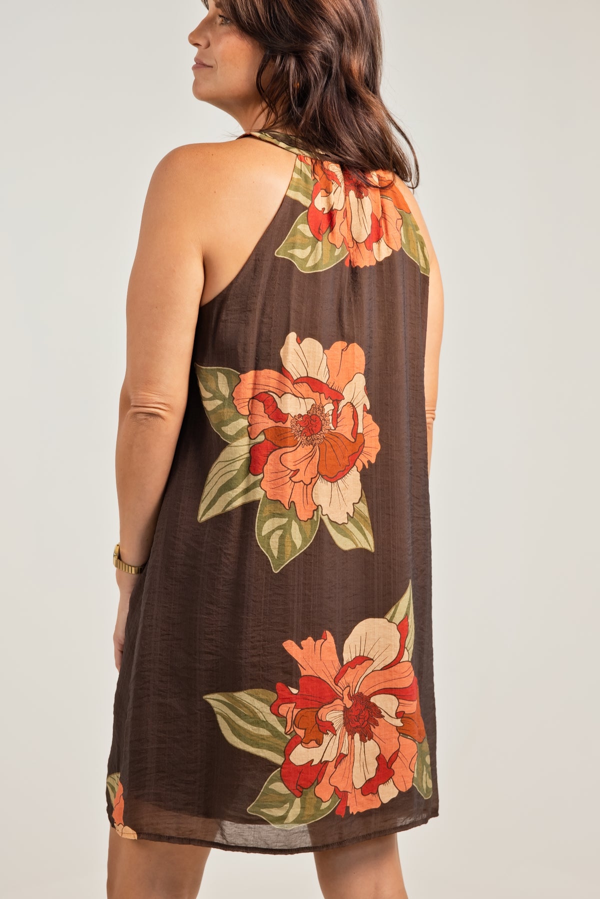 THML Sleeveless Floral Flowy Dress Brown