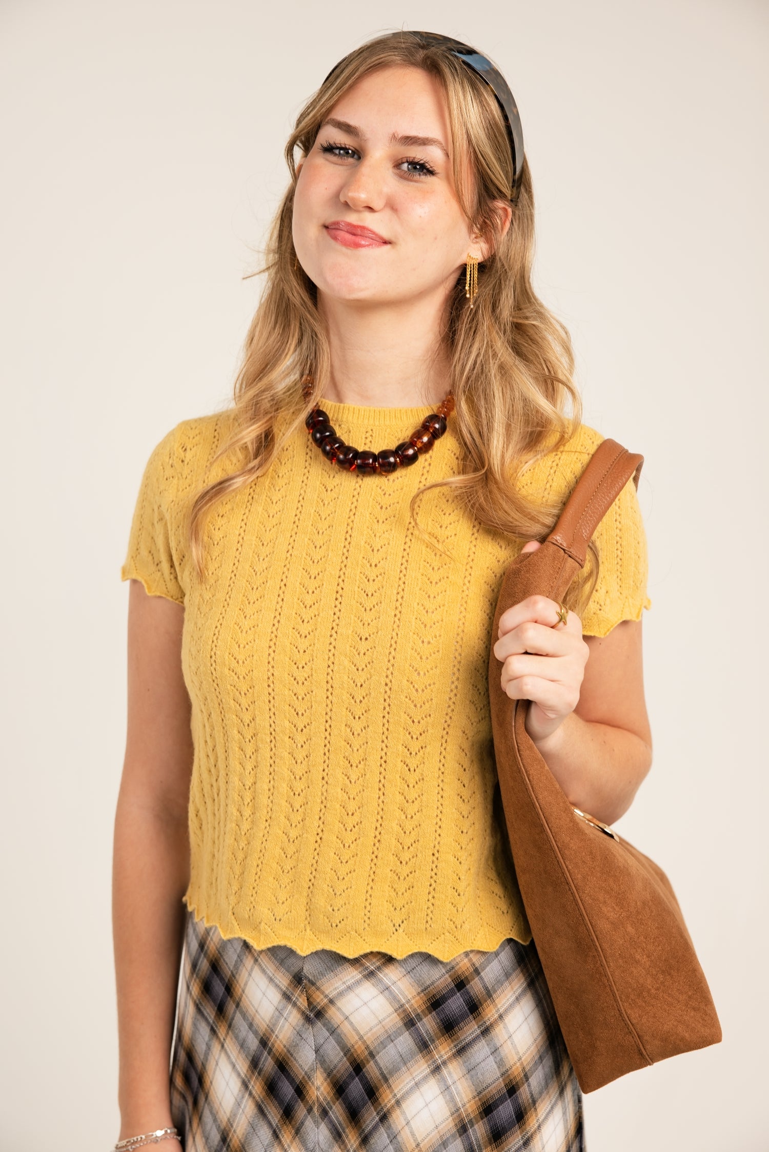 The Presley Pointelle Short Sleeve Knitted Top Chamomile