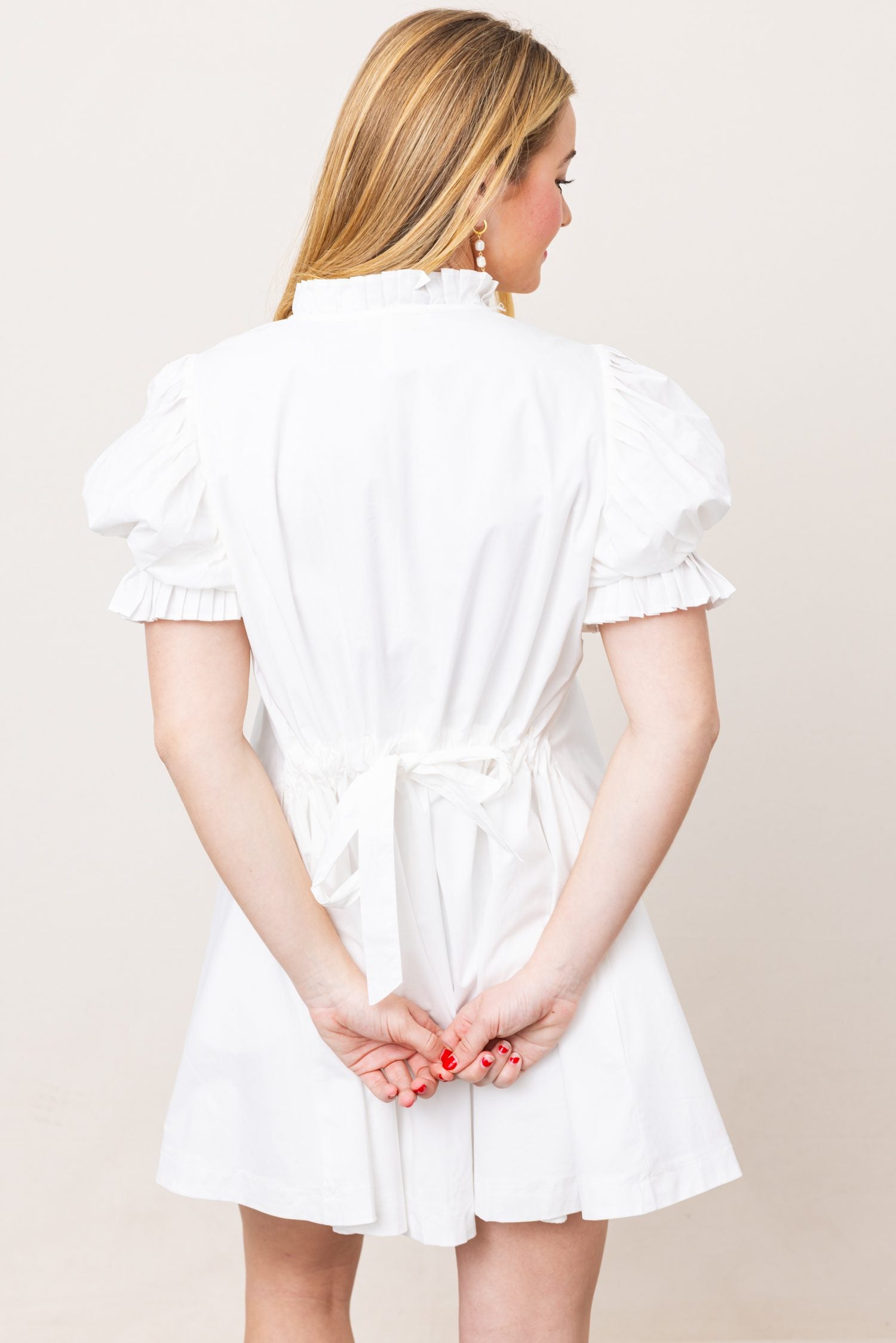 KARLIE Poplin Ruffle Neck Back Tie Dress