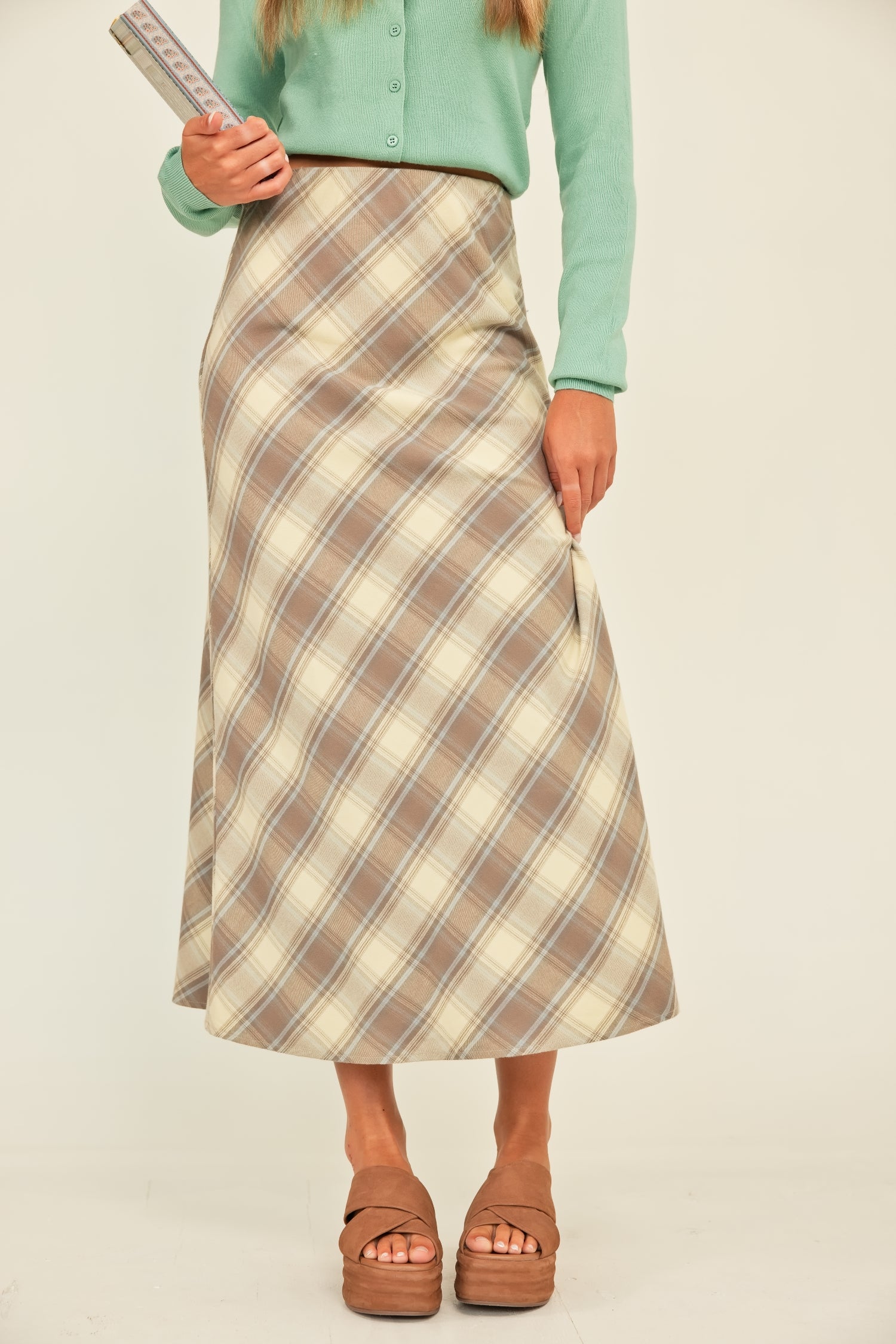 The Prim + Proper Plaid Printed Stretch Maxi Skirt Ecru/Blue