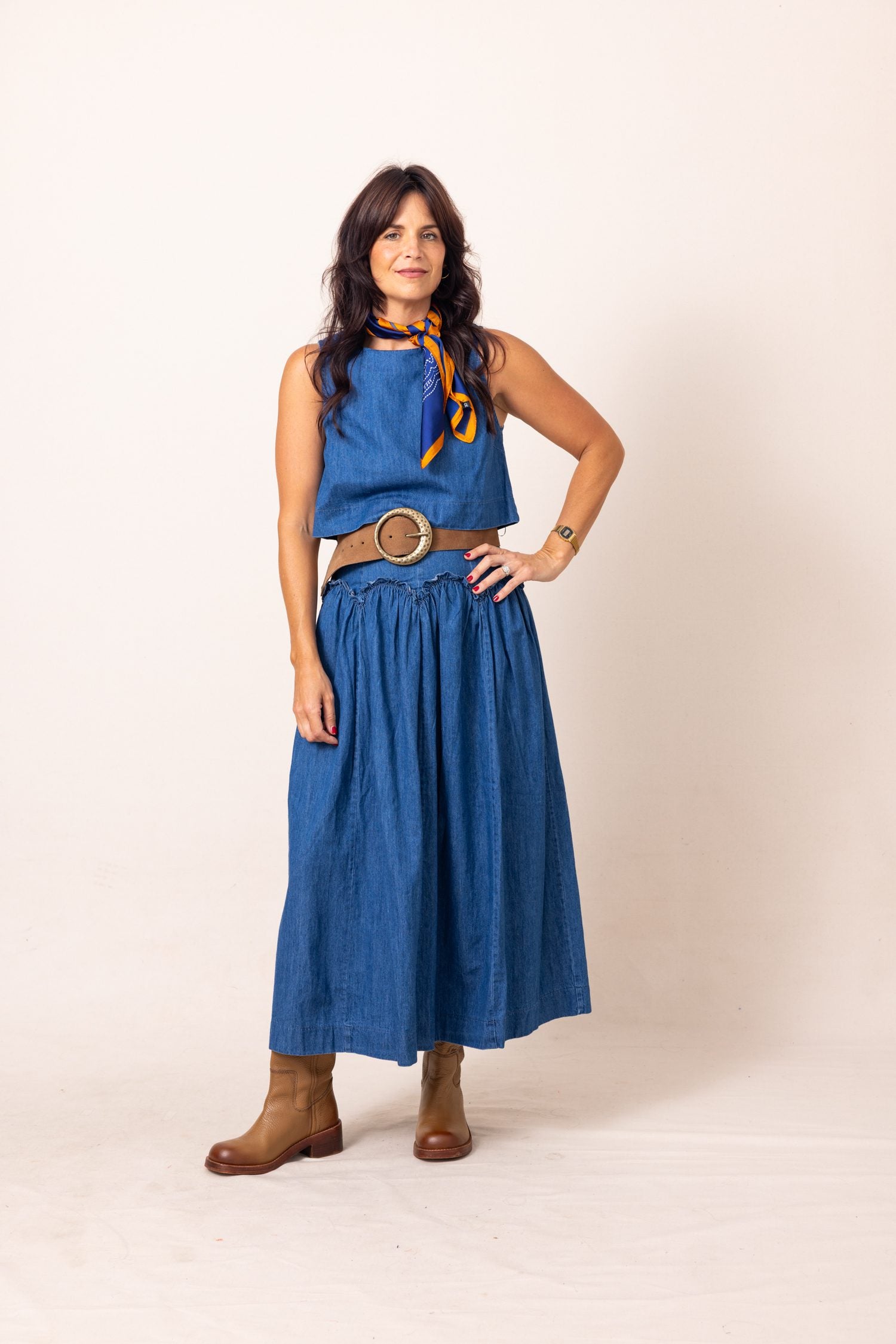 The Ella Denim Sleeveless Crop Top And Midi Skirt Set