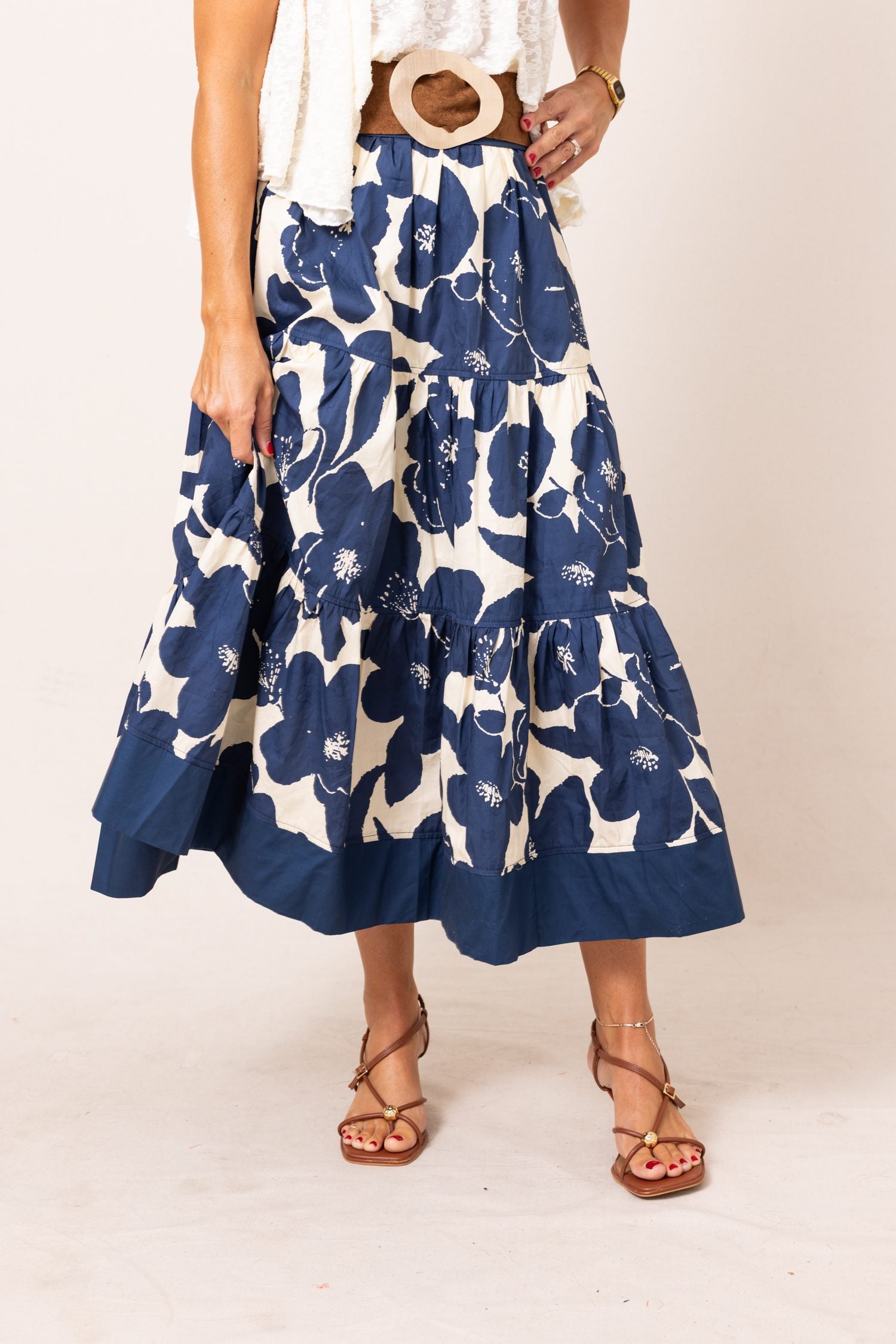 The Navy Dreams Floral Tiered Midi Skirt