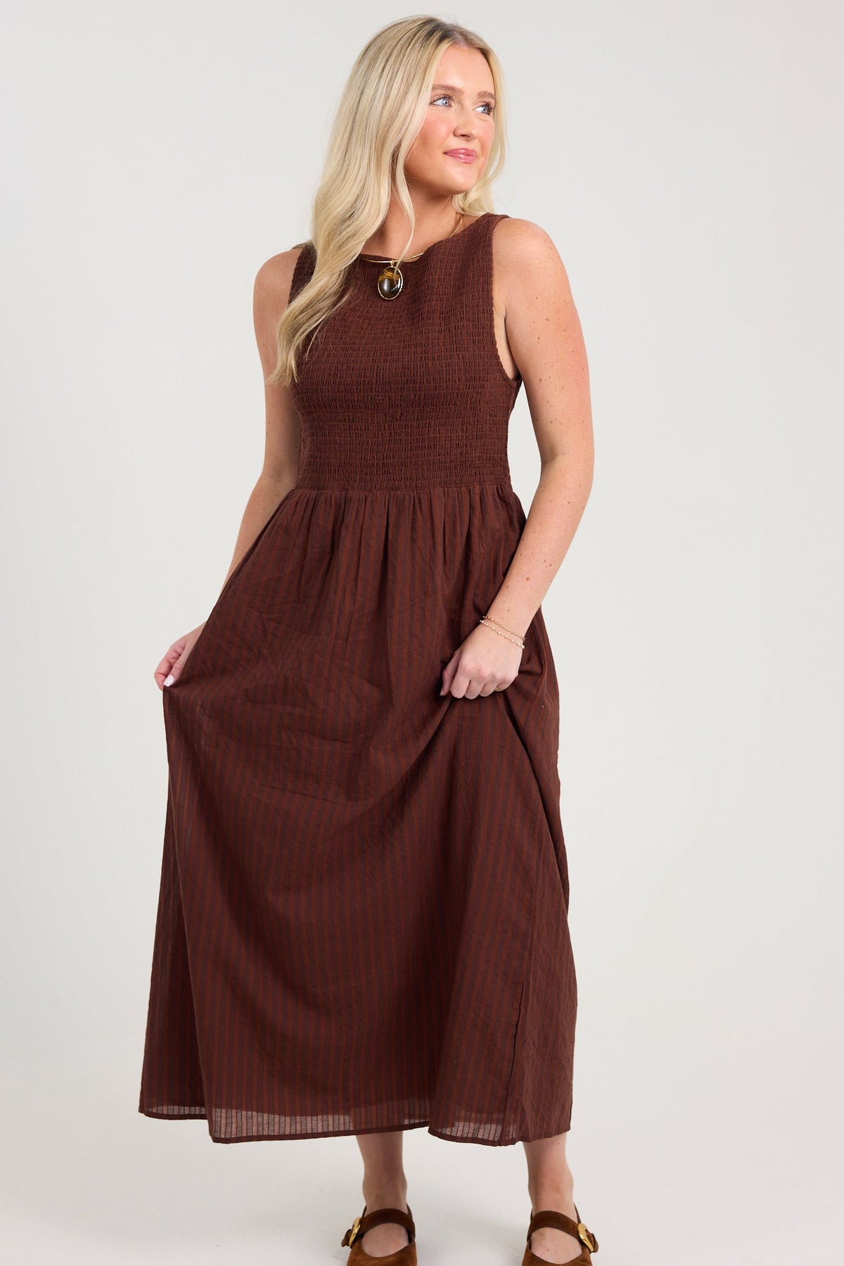 THML Sleeveless Smocked Pattern Midi Dress