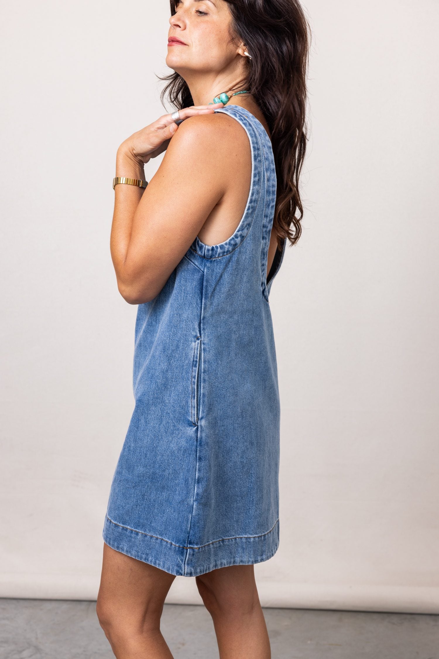 KARLIE Denim Scoop Back Mini Dress