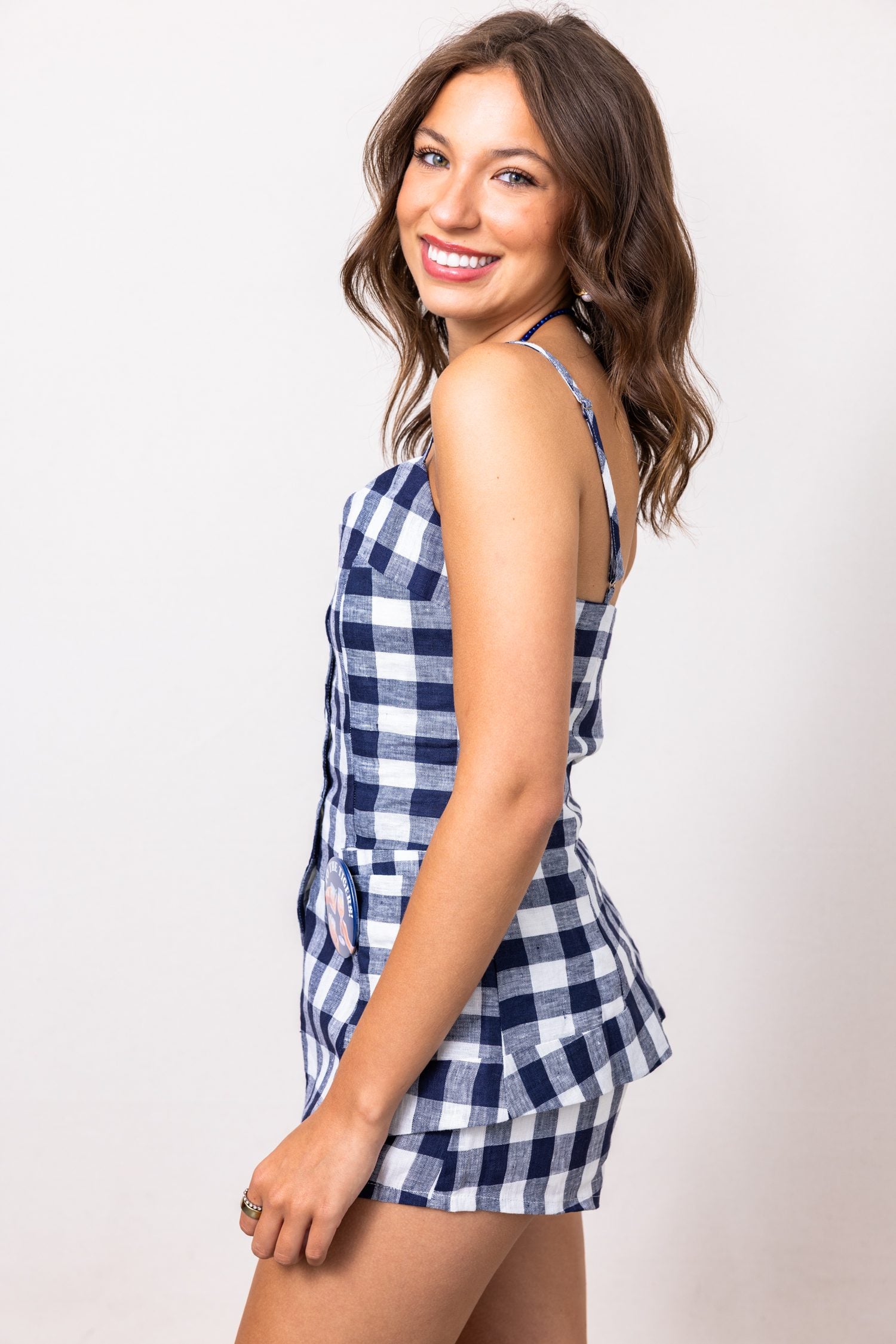 The Nora Gingham Linen Button Front Top