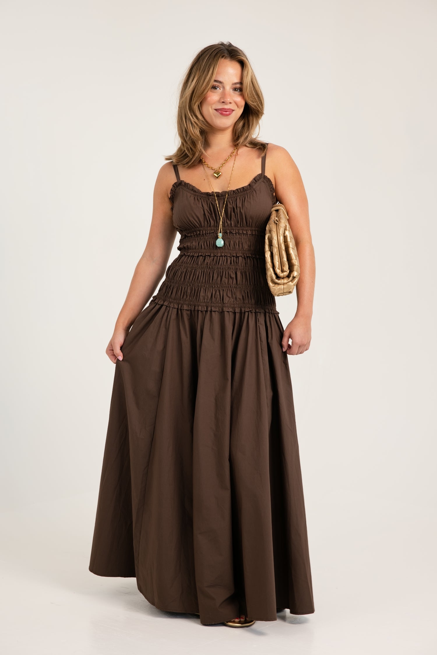 The Luna Smocked Maxi Cotton Dress Coffee Bean