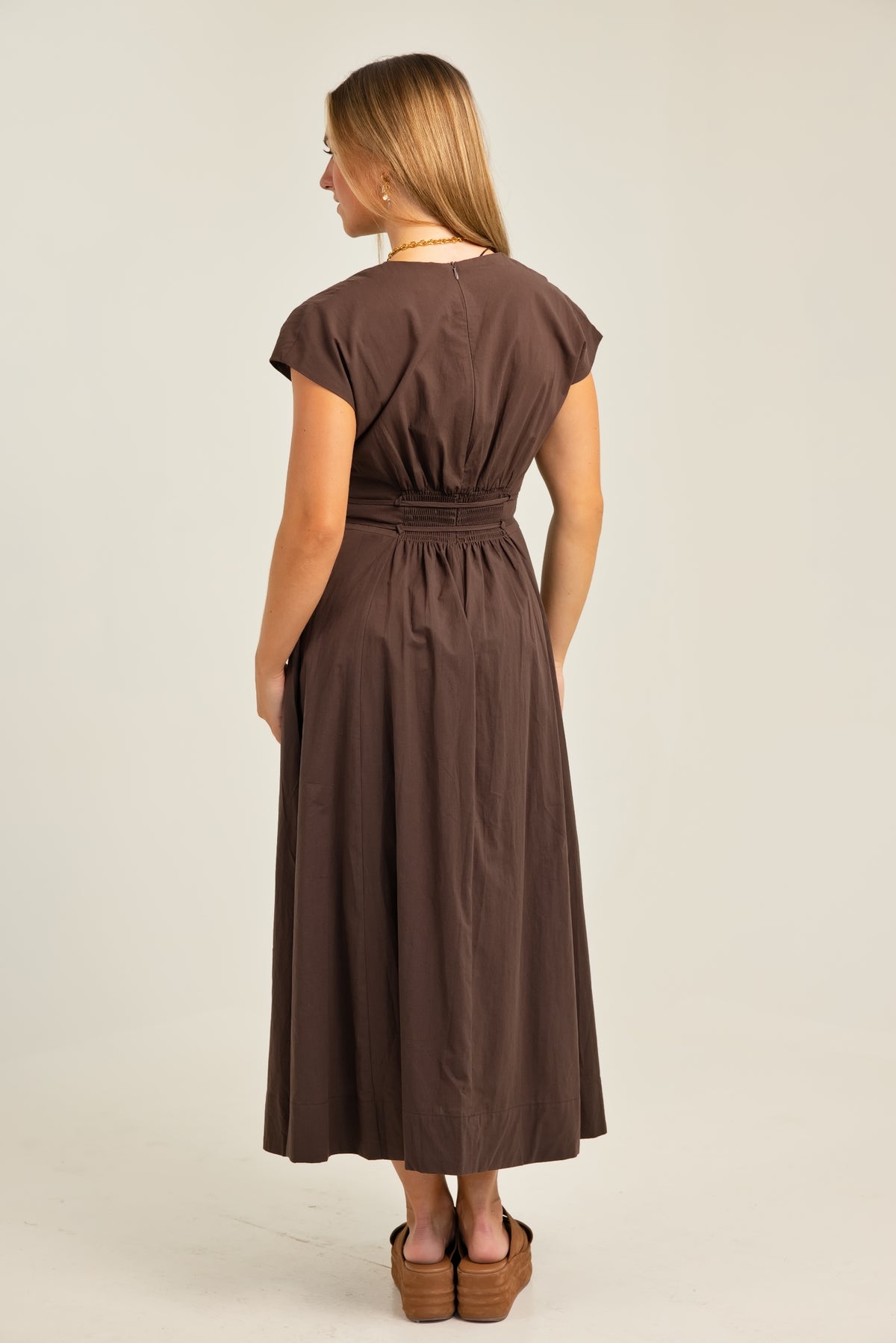 The Poppy Pleated V-Neck Midi Dress Dark Brown