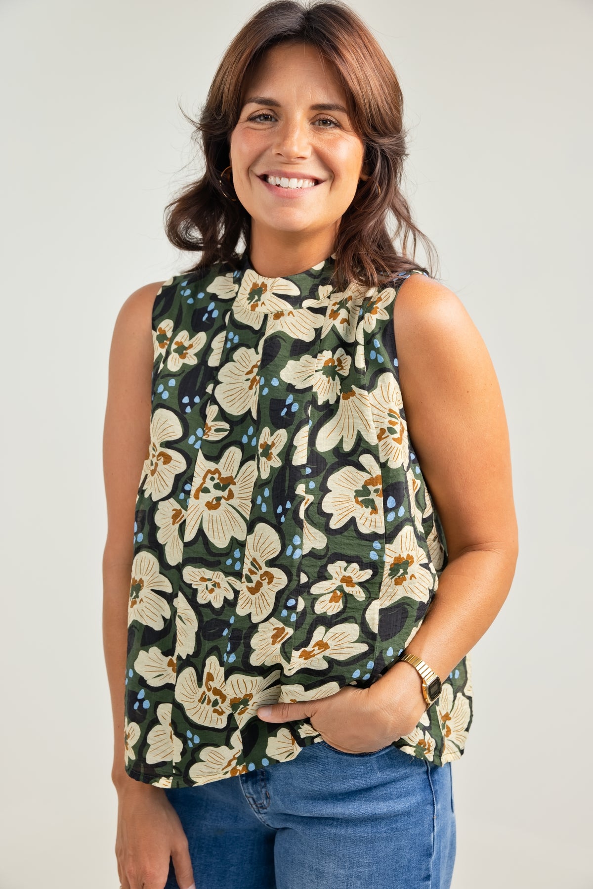 THML Sleeveless Flower Print Top w/ Tie Back