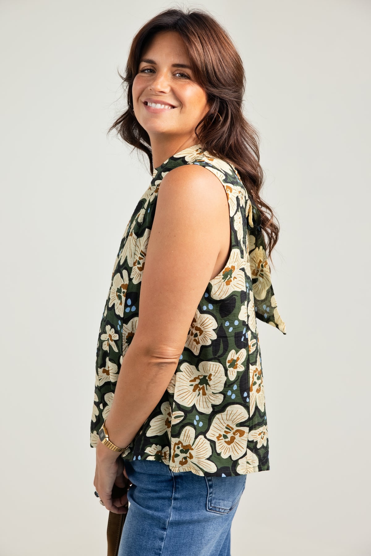THML Sleeveless Flower Print Top w/ Tie Back