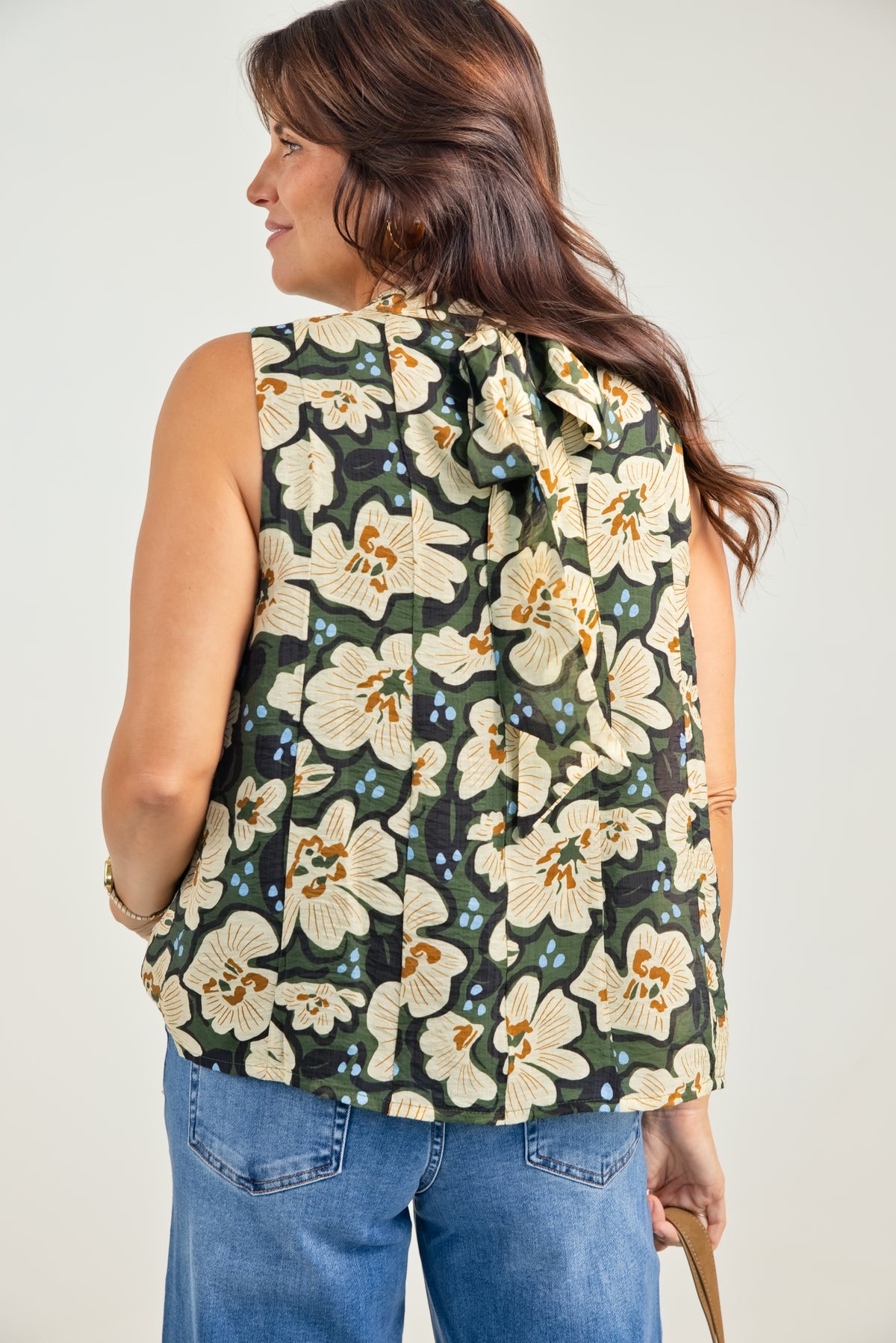 THML Sleeveless Flower Print Top w/ Tie Back