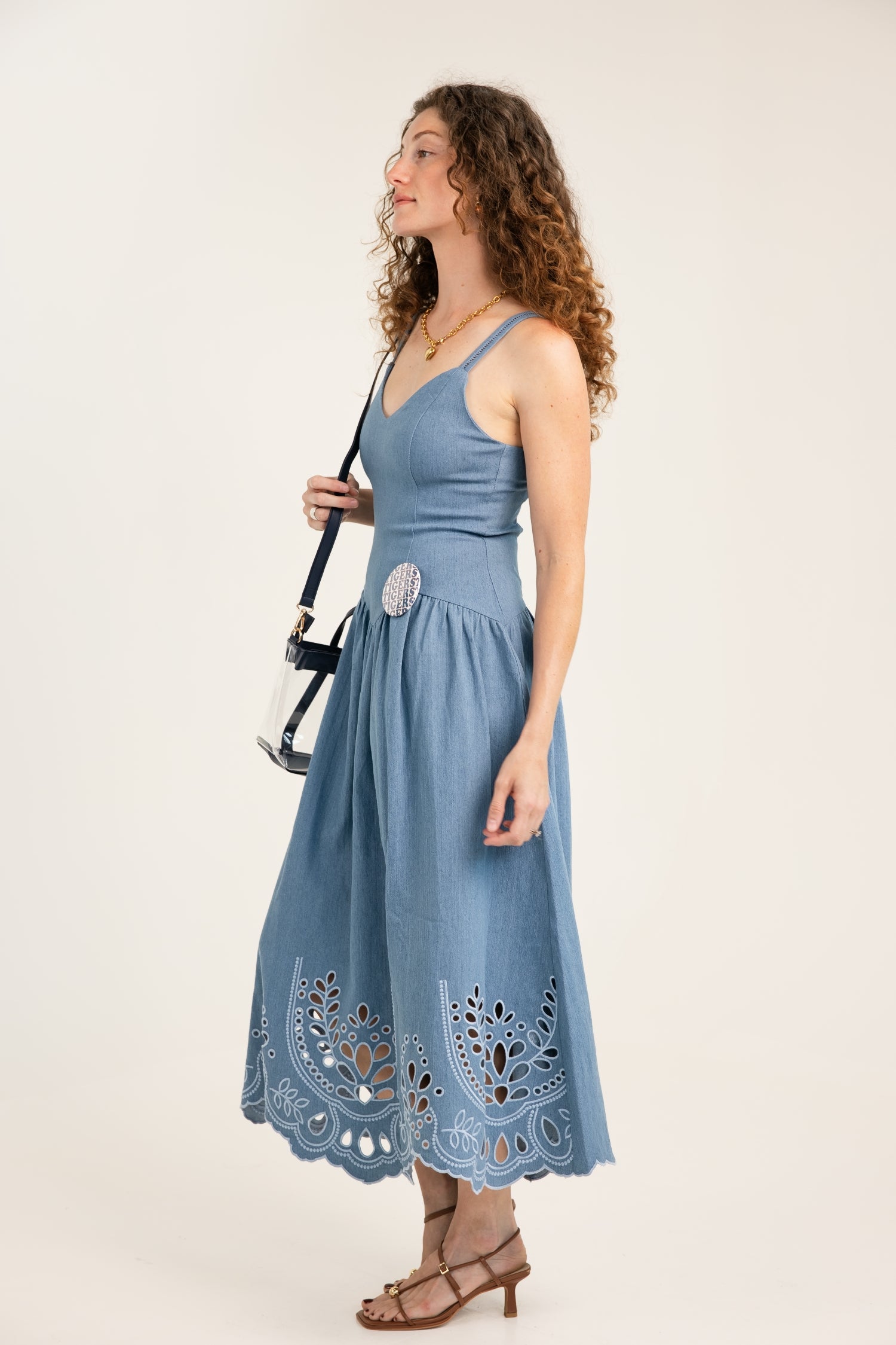 The Denim Edge Eyelet Detail Midi Dress Light Blue
