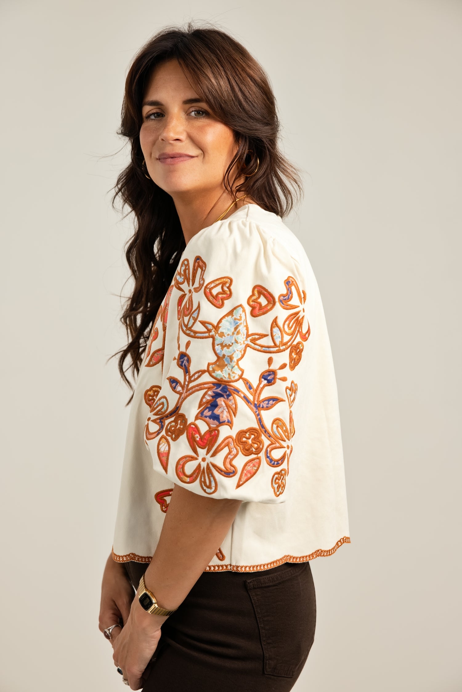 THML Floral Embroidered Puff Sleeve Top