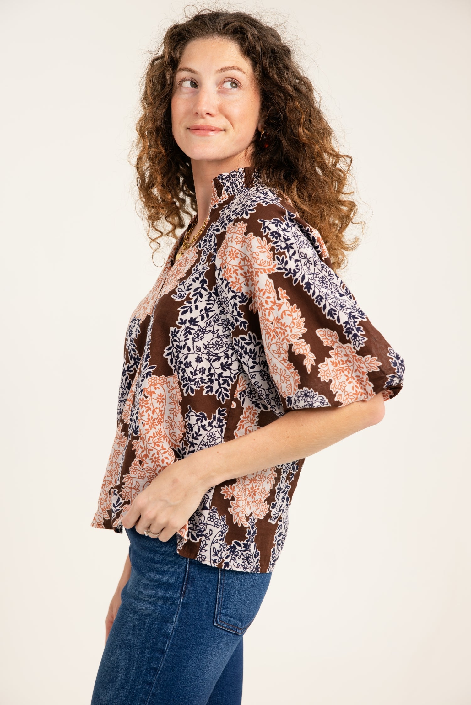 THML Leaves Print Puff Sleeve Top