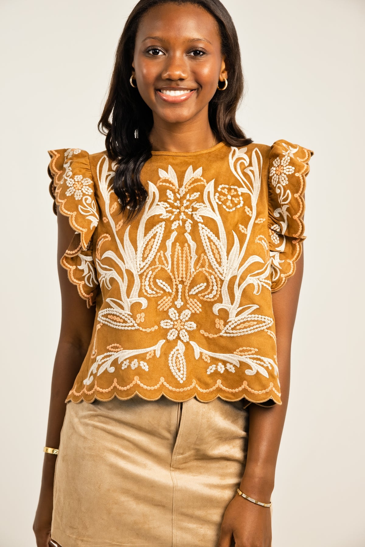 THML Flutter Sleeve Suede Embroidery Top