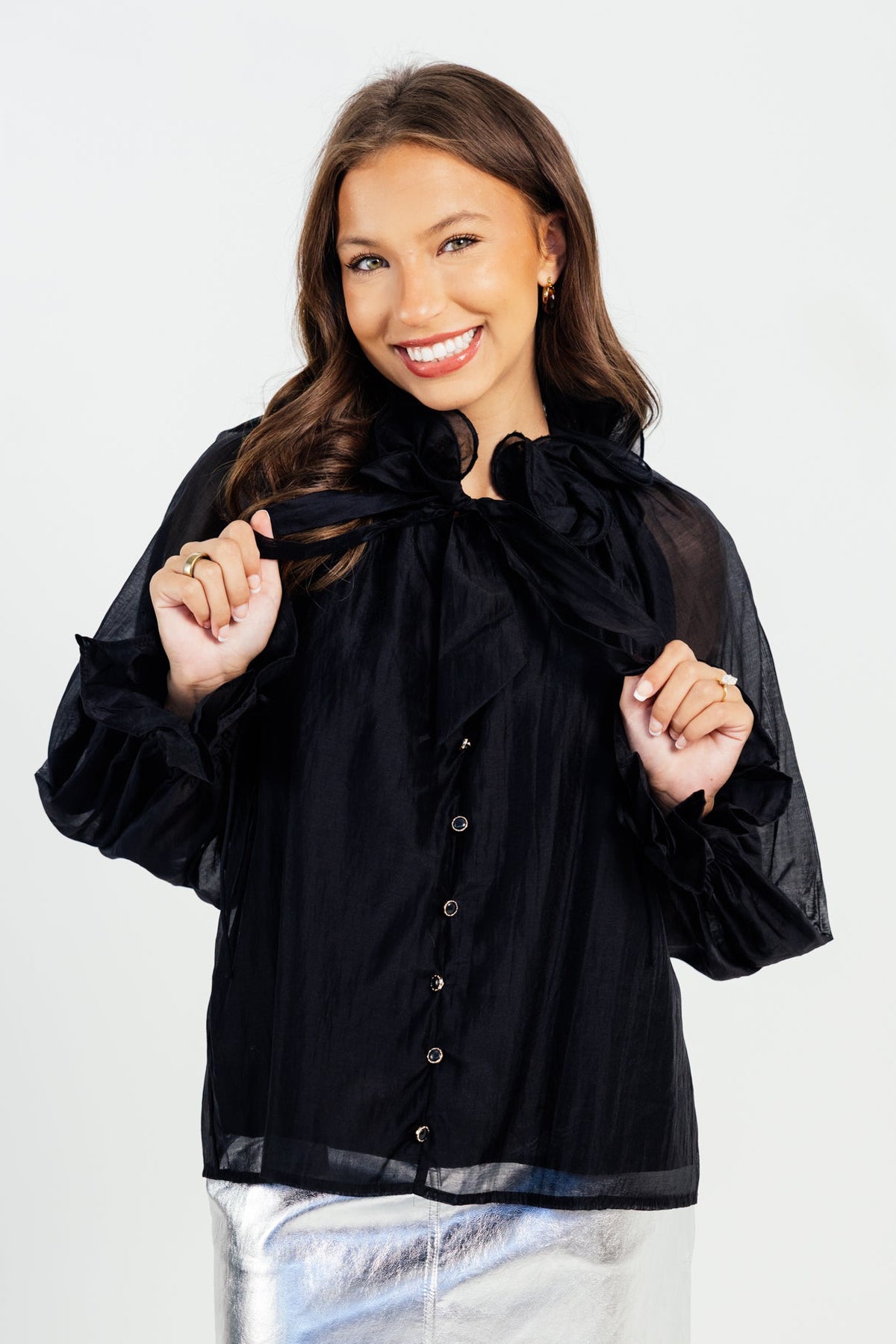 The Ziva Flutter Neck Long Sleeve Blouse