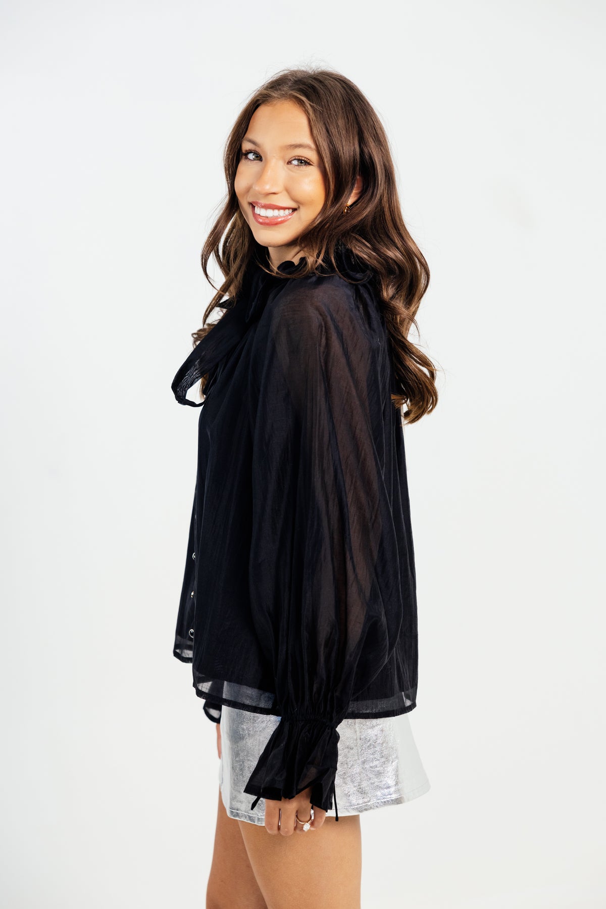 The Ziva Flutter Neck Long Sleeve Blouse