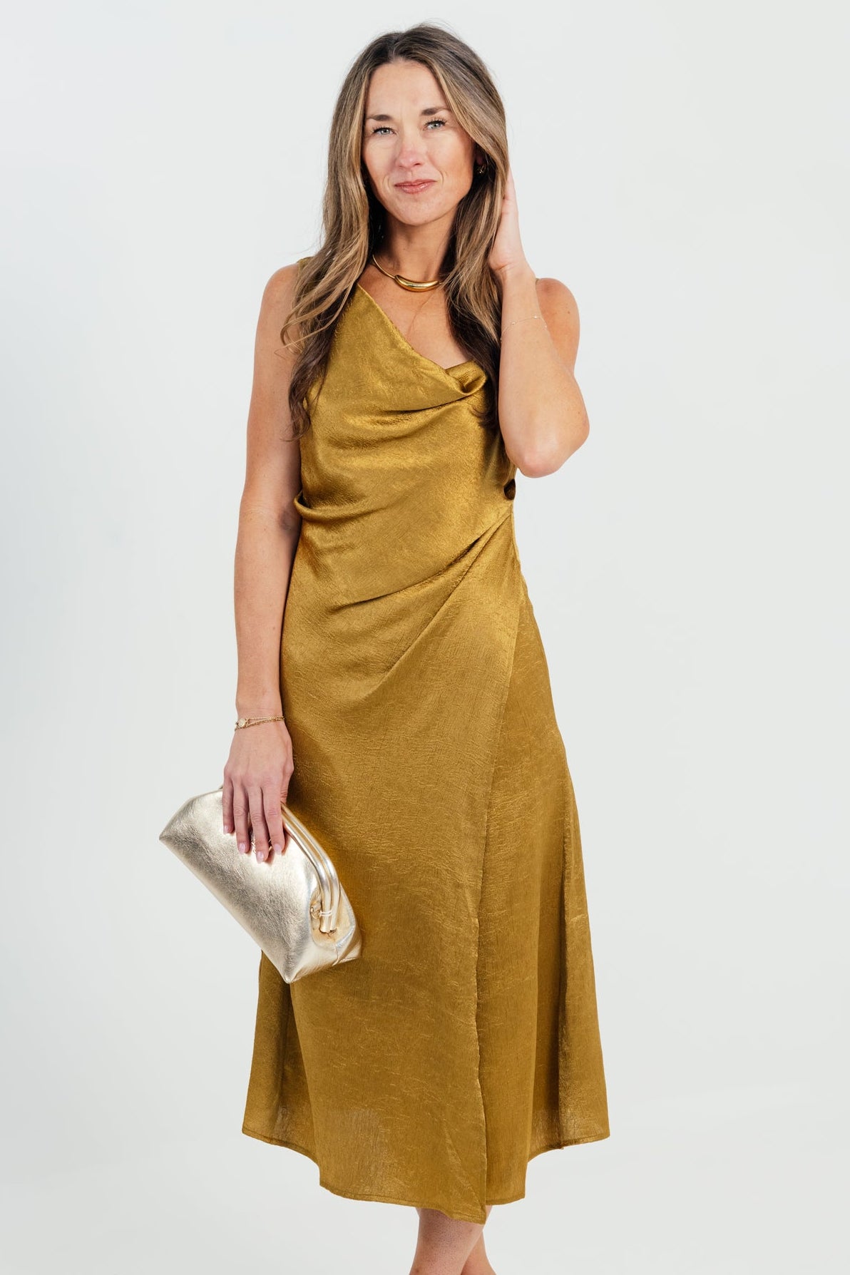 The Kenny Contrast Scarf Cowl Neck Midi Dress