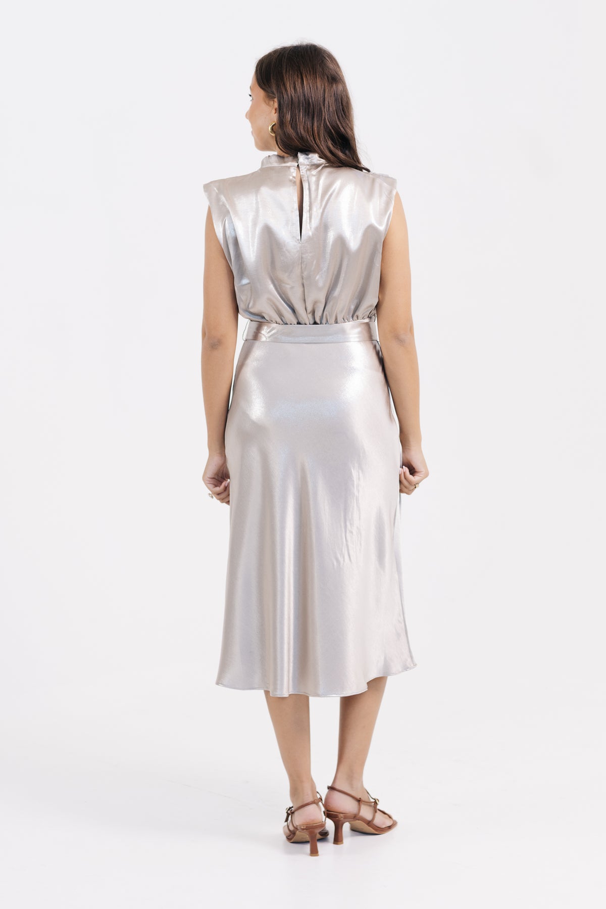 The Sparkling Night Waist Tie Midi Dress w/ Cowl Neck