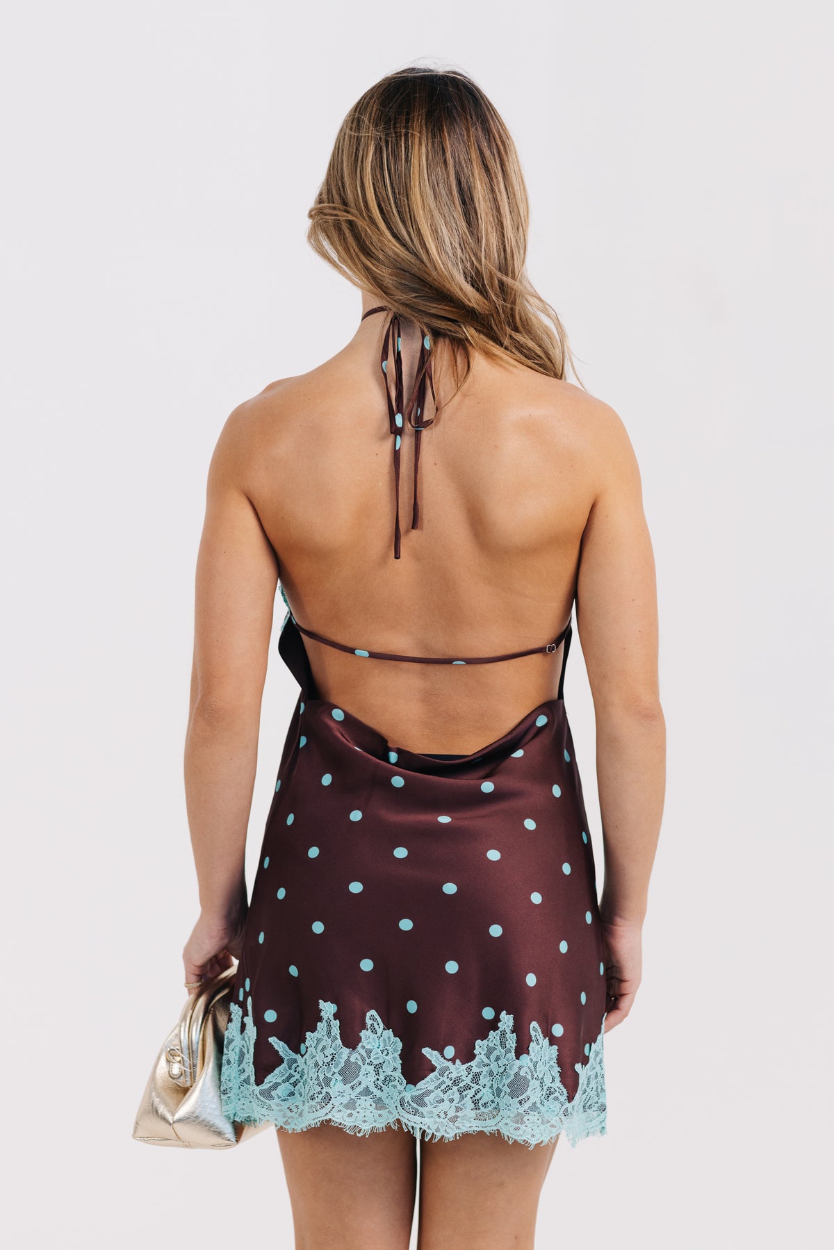 The Mollie Polka Dot Mini Halter Dress w/ Lace Trim
