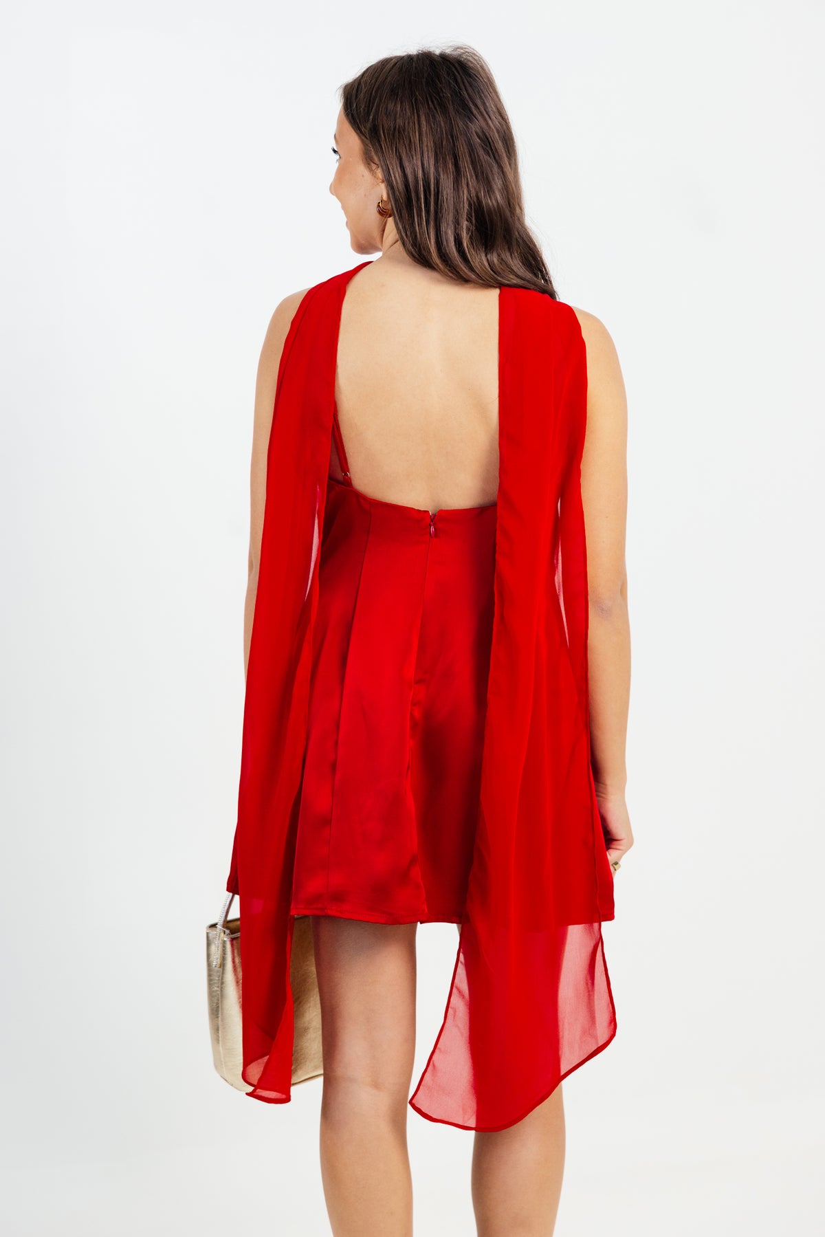 The Red Wine Satin Mini Dress w/ Chiffon Scarf