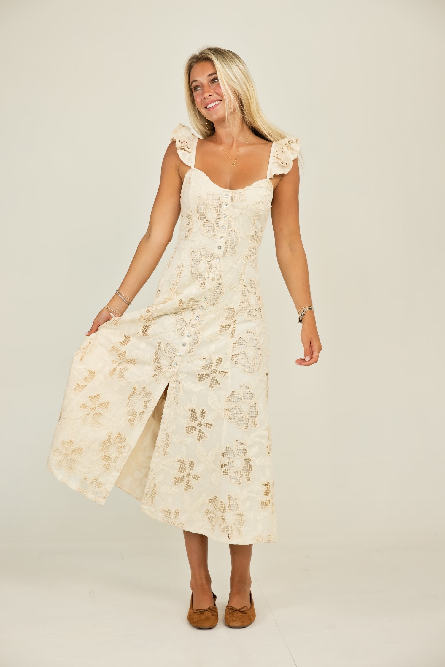The Francesca Flutter Sleeve Smocking Detail Midi Dress