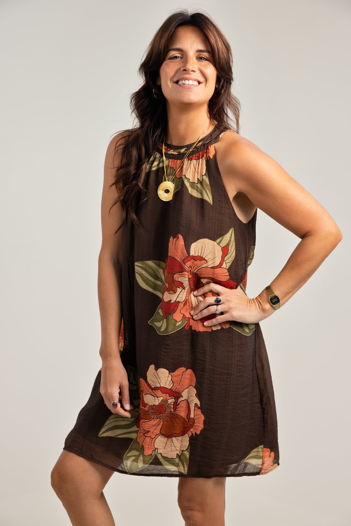 THML Sleeveless Floral Flowy Dress Brown