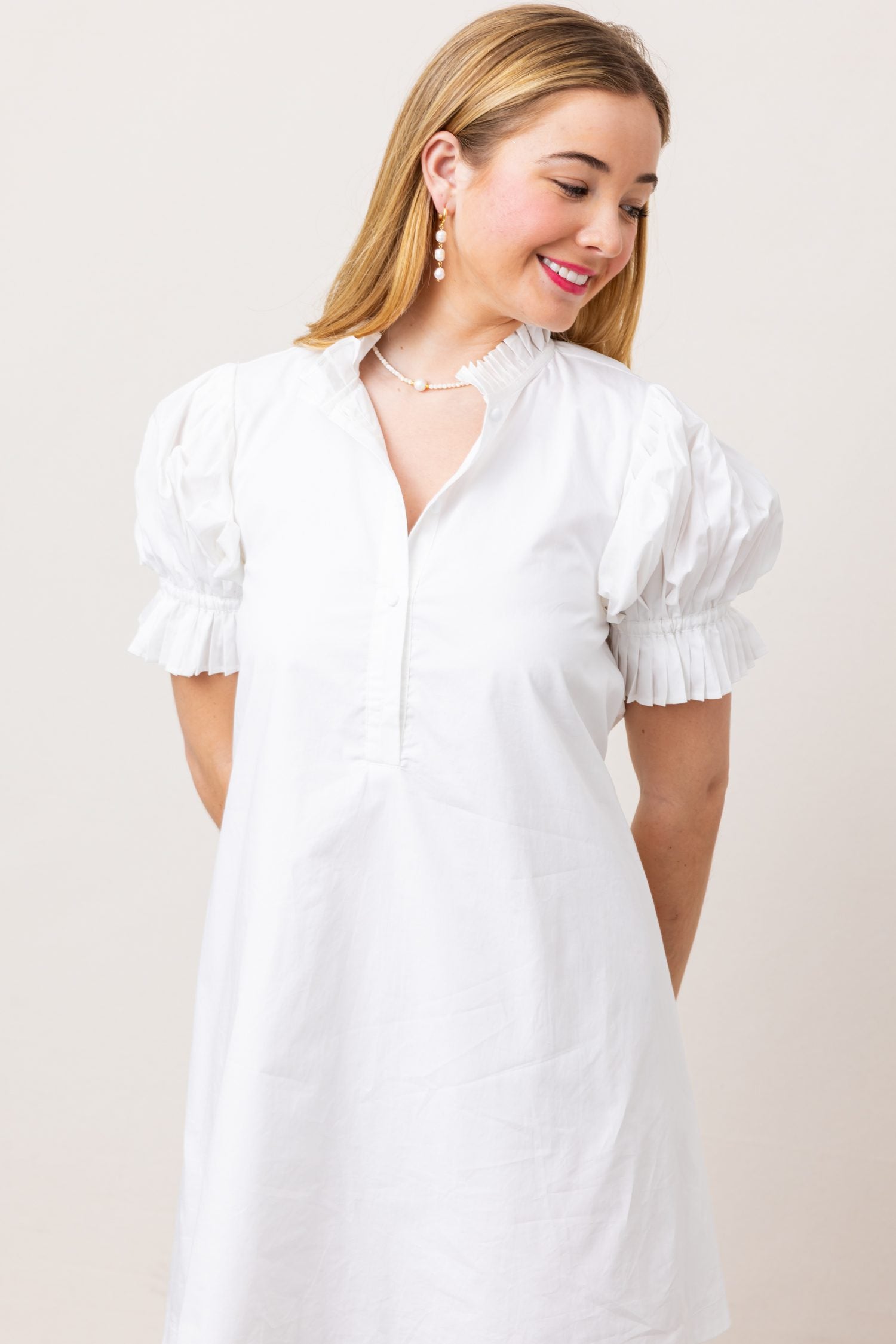 KARLIE Poplin Ruffle Neck Back Tie Dress