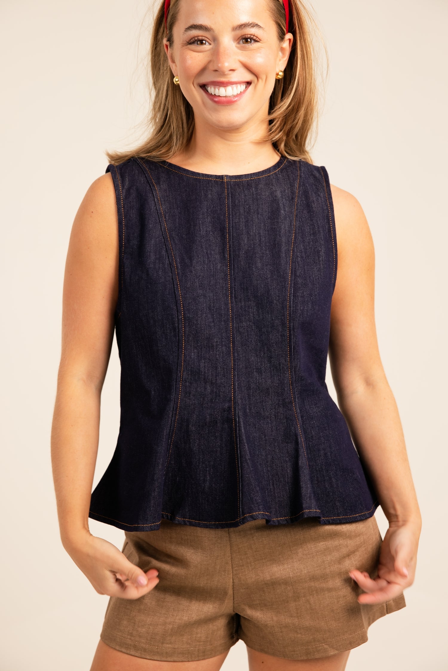 THML Sleeveless Denim Peplum Top Dark Blue
