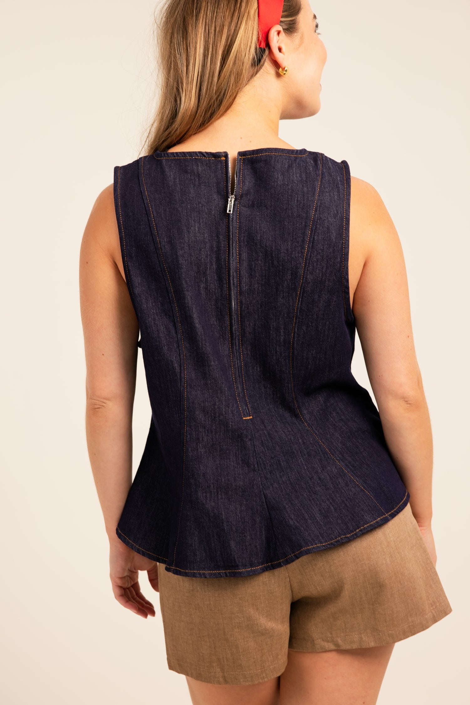 THML Sleeveless Denim Peplum Top Dark Blue