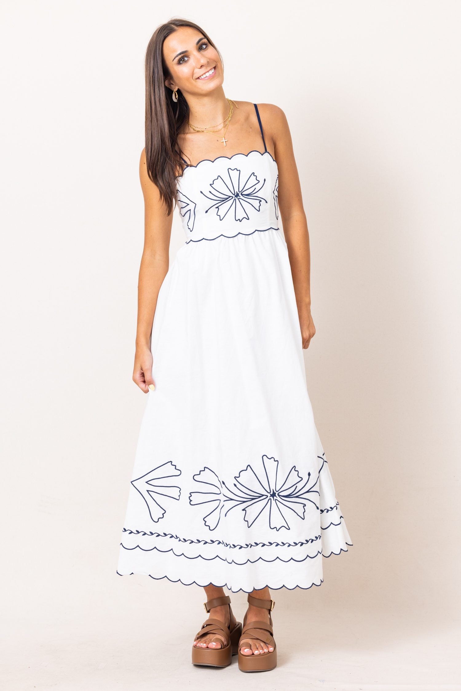 The Emilia Embroidered Spaghetti Strap Midi Dress