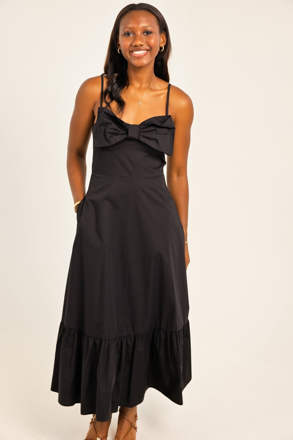 THML Thin Strap Large Bow Midi Dress Black