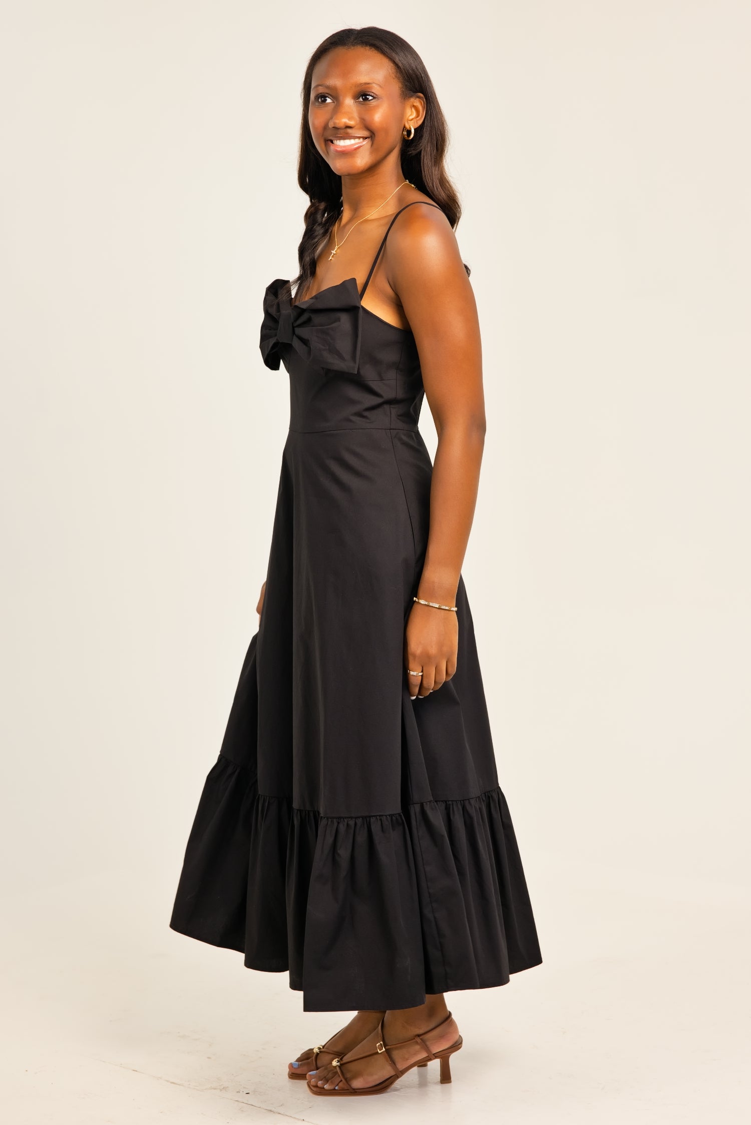 THML Thin Strap Large Bow Midi Dress Black