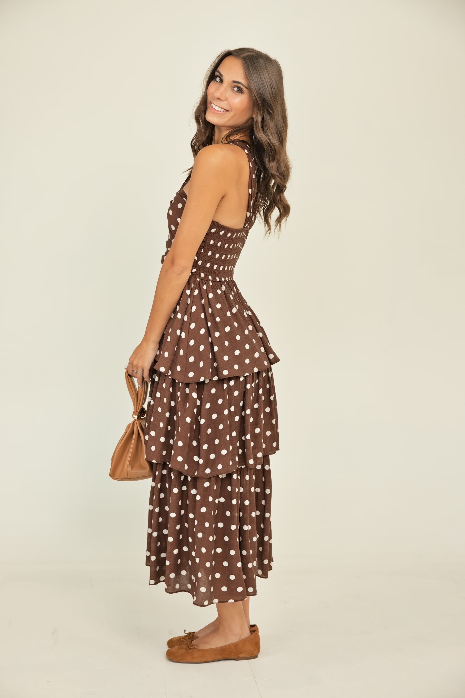 The Purely Polka Dot Tiered Ruffle Maxi Dress Chesnut Moon