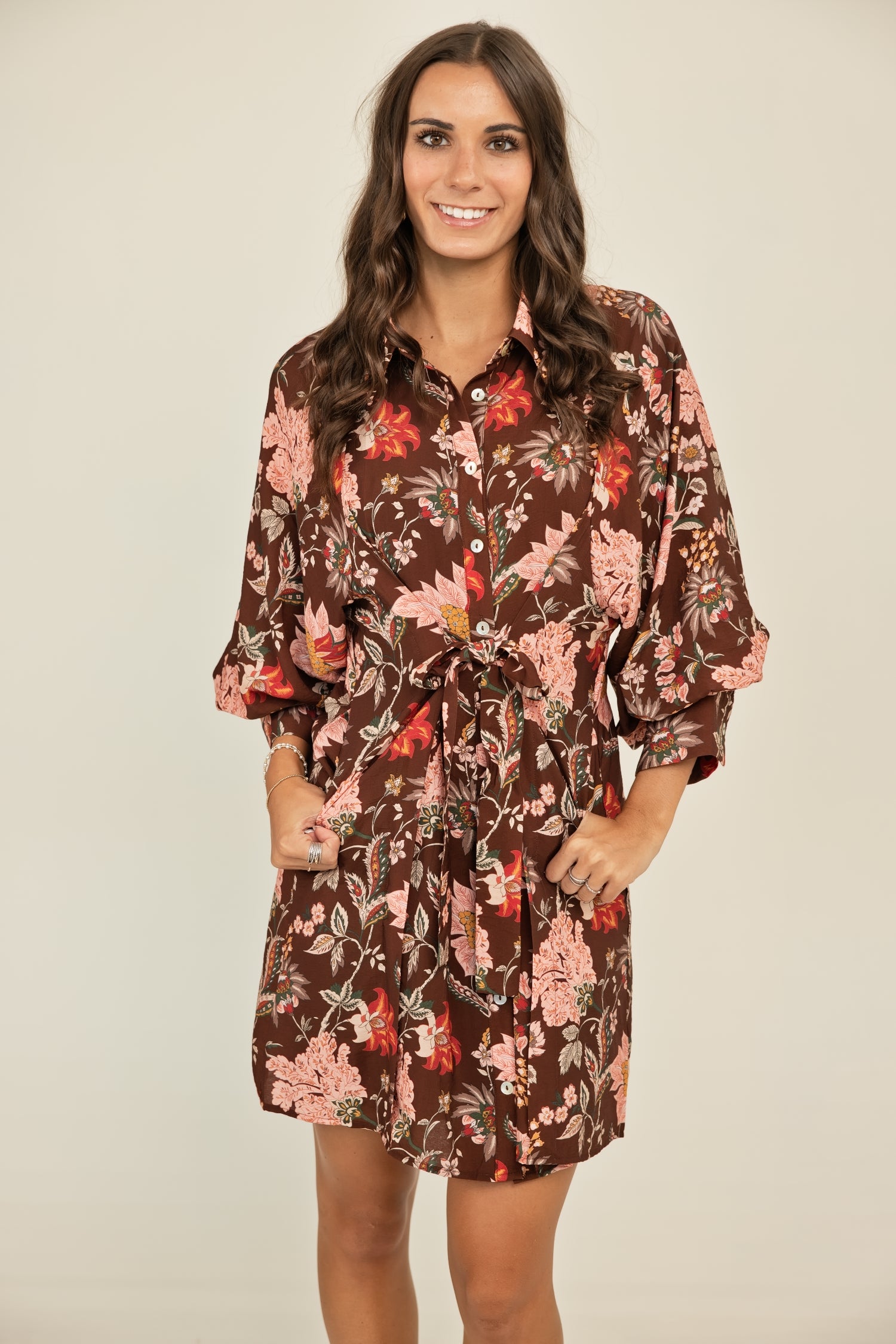 THML Long Sleeve Pattern Button Down Dress Brown