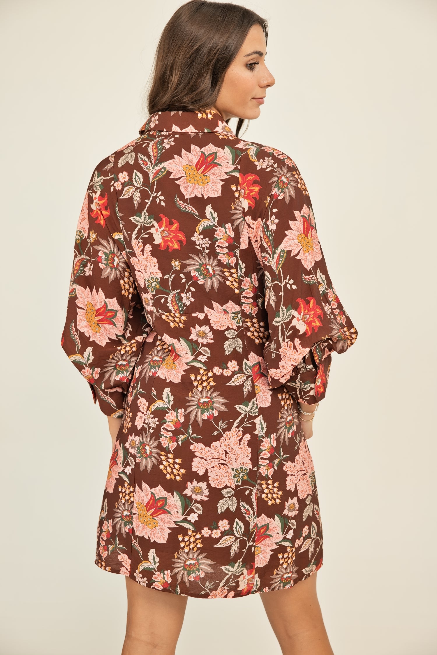 THML Long Sleeve Pattern Button Down Dress Brown