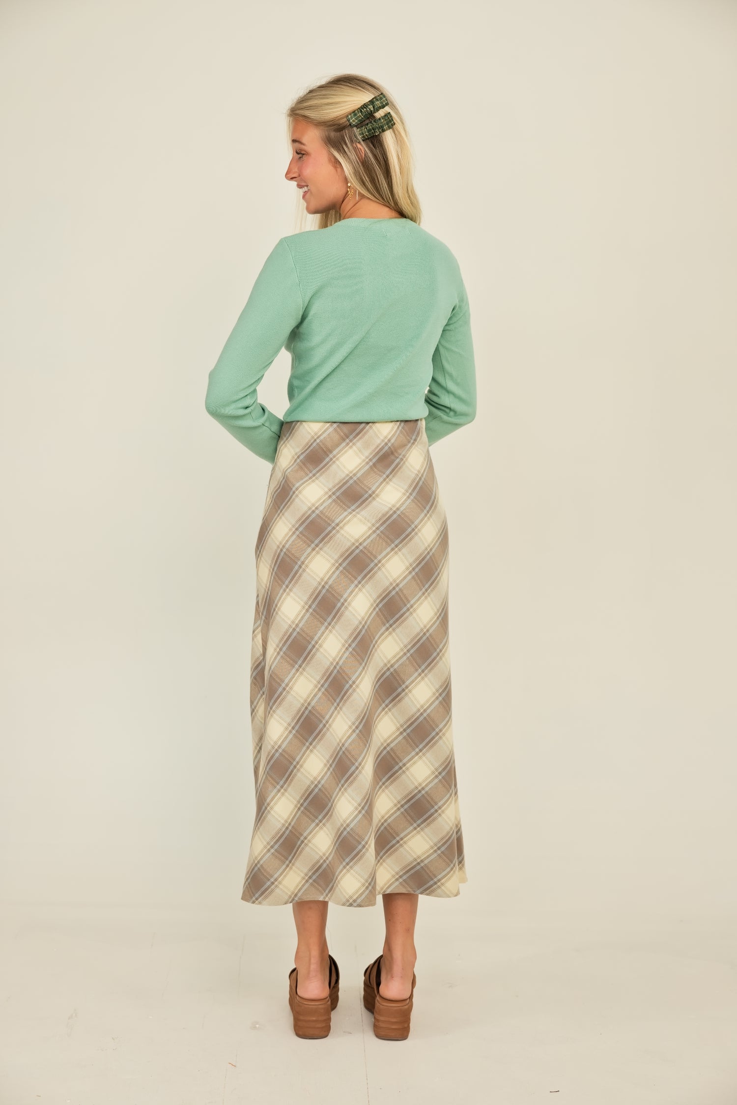 The Prim + Proper Plaid Printed Stretch Maxi Skirt Ecru/Blue