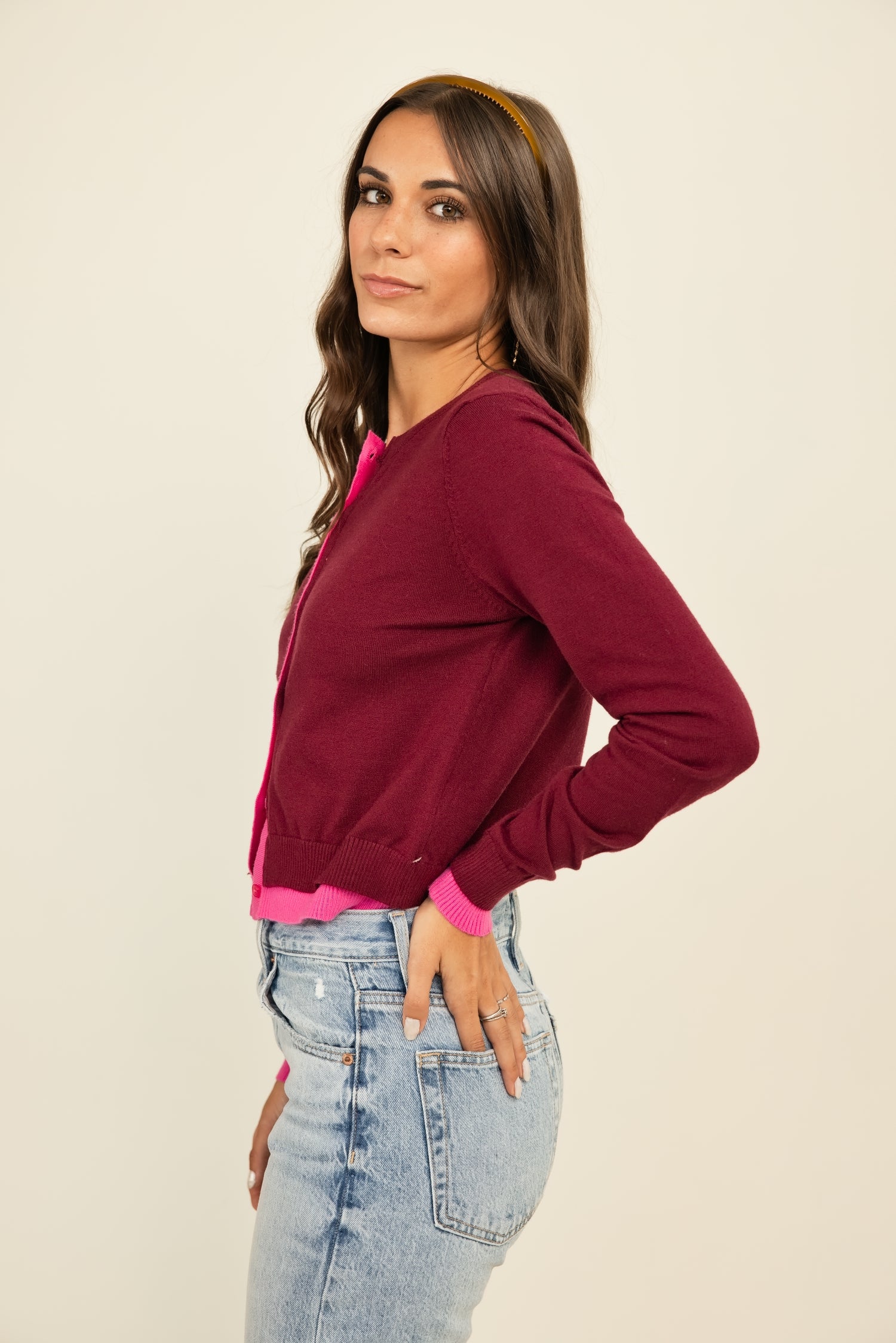 The Zeppelin Cardigan Wine w/ Fuchsia