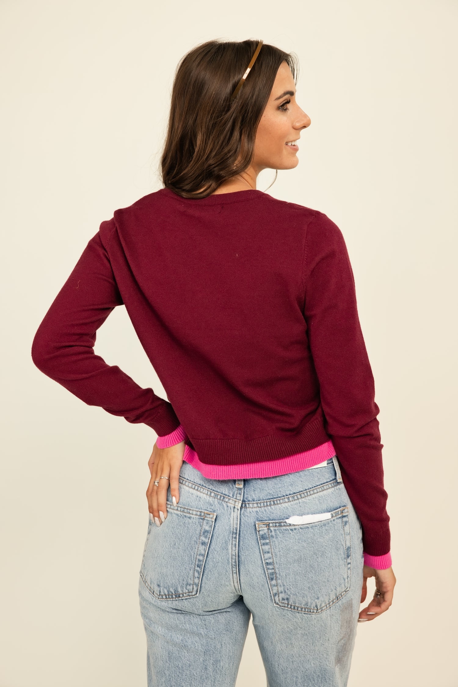 The Zeppelin Cardigan Wine w/ Fuchsia