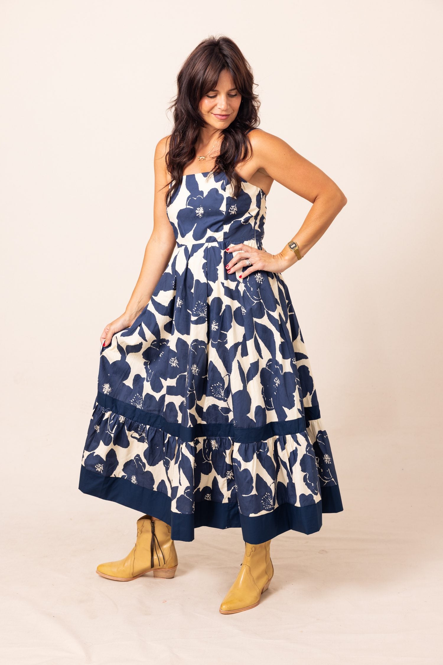 The Navy Dreams Bold Floral Tiered Midi Dress