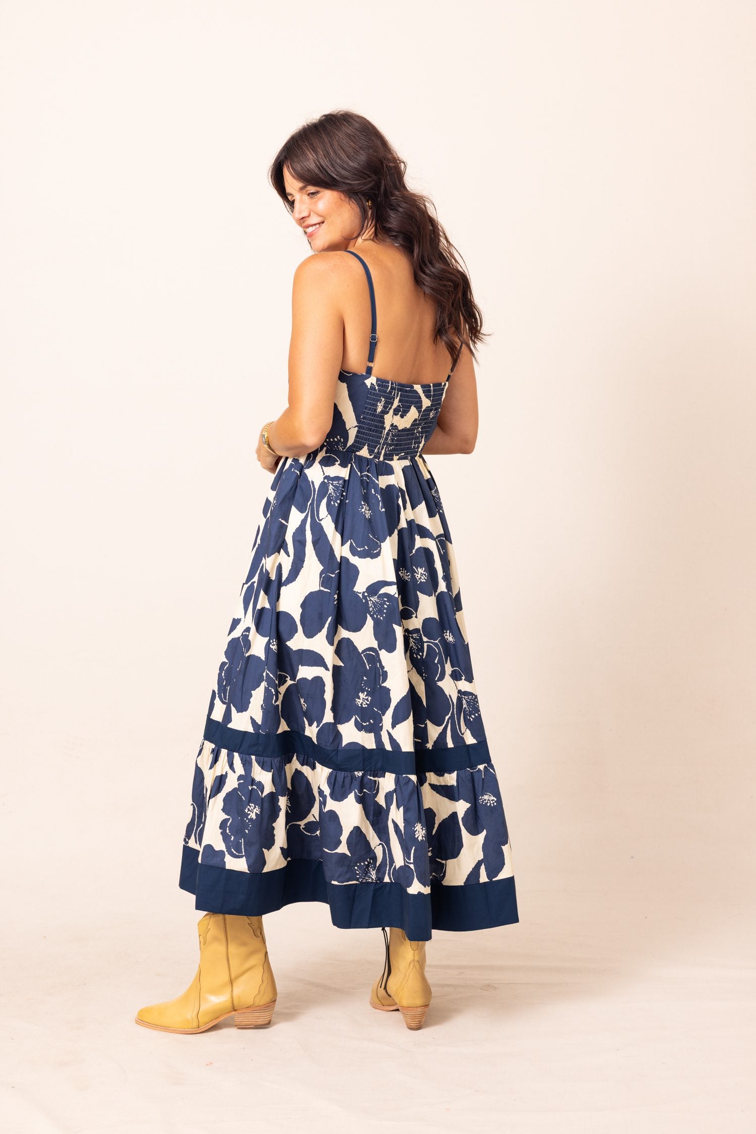 The Navy Dreams Bold Floral Tiered Midi Dress