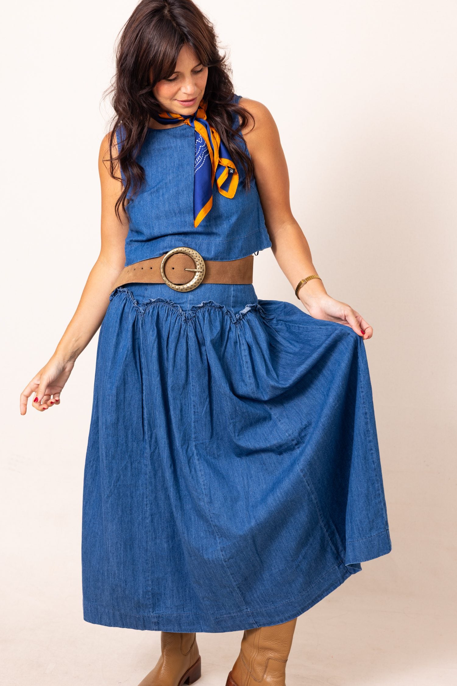 The Ella Denim Sleeveless Crop Top And Midi Skirt Set