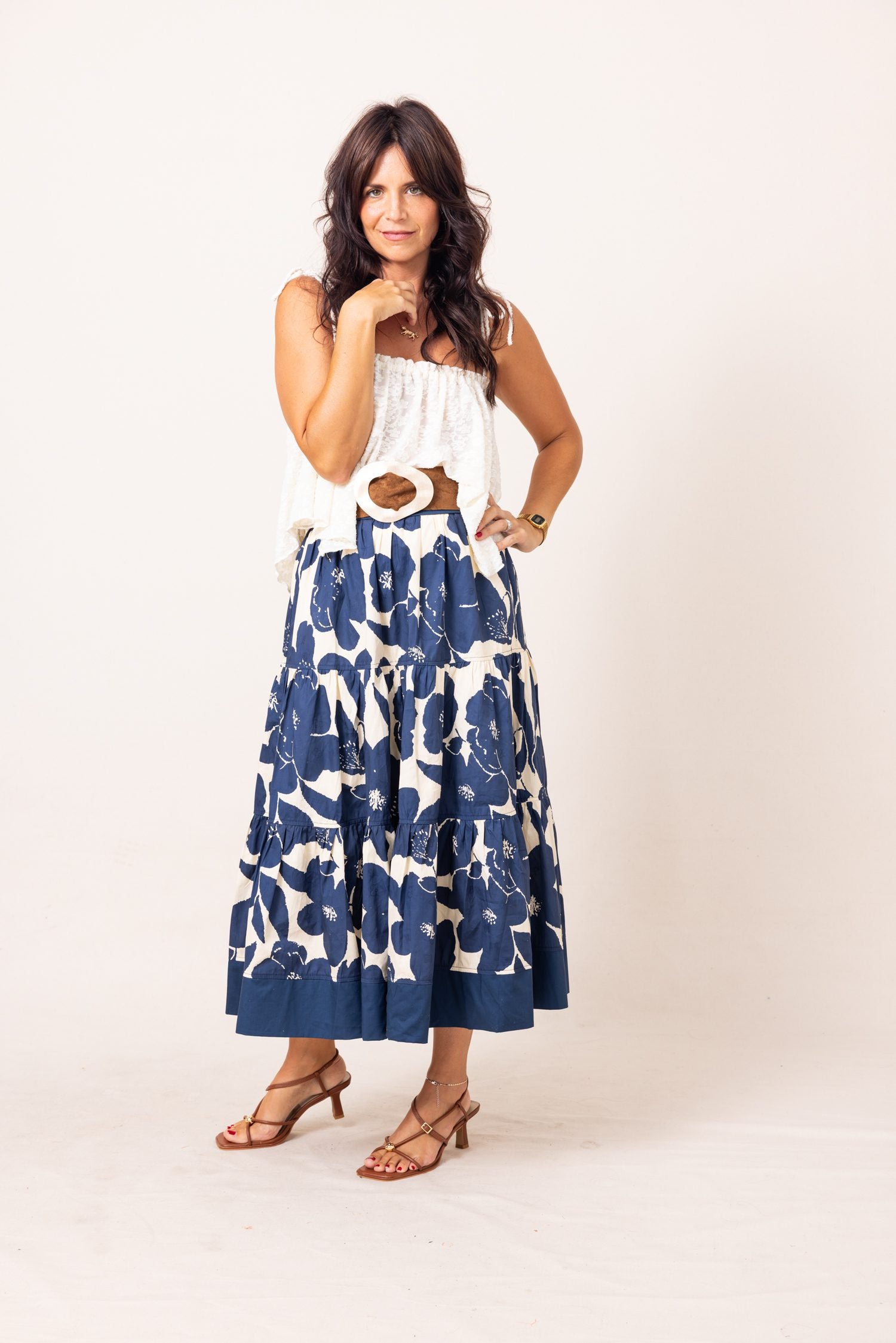 The Navy Dreams Floral Tiered Midi Skirt