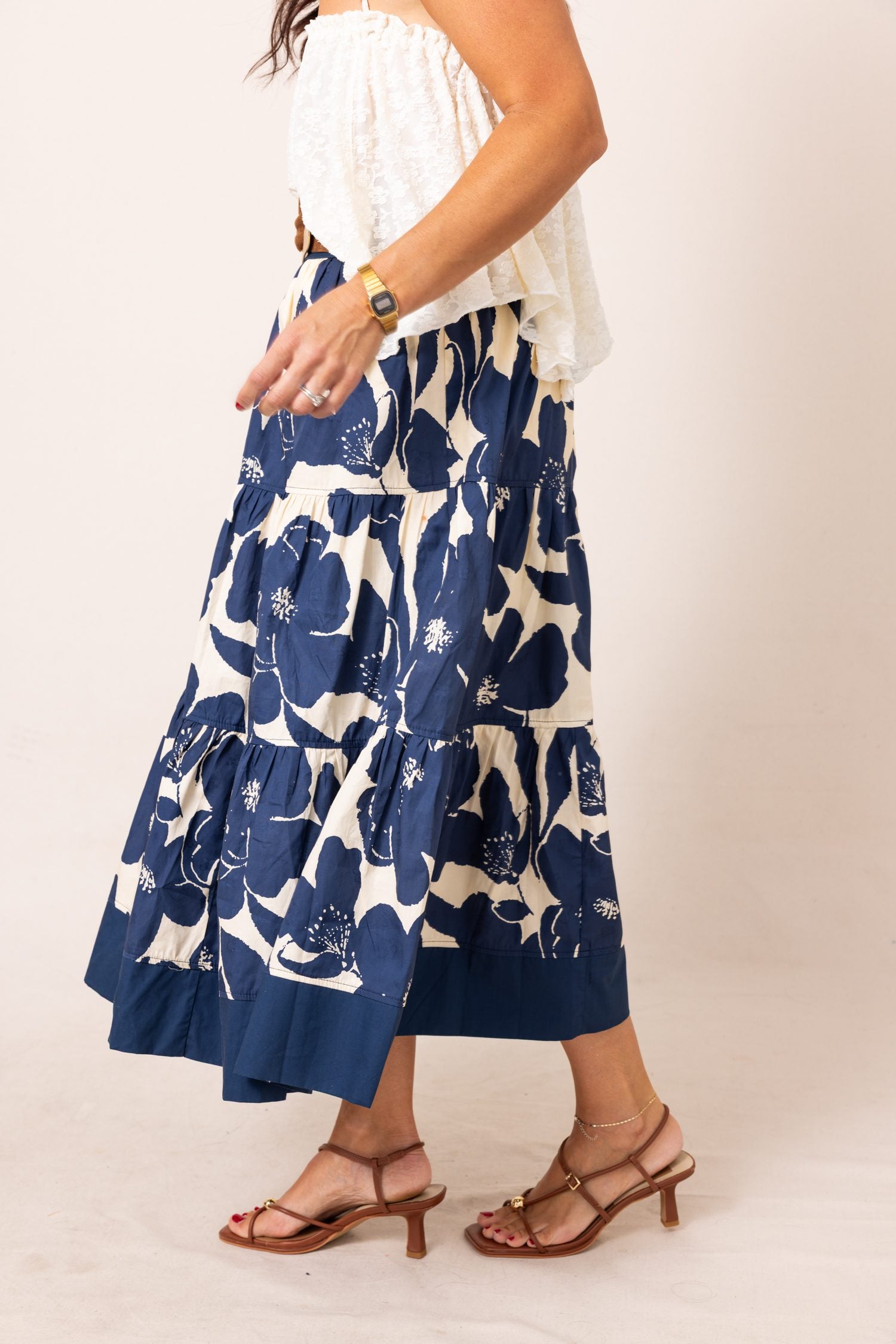 The Navy Dreams Floral Tiered Midi Skirt